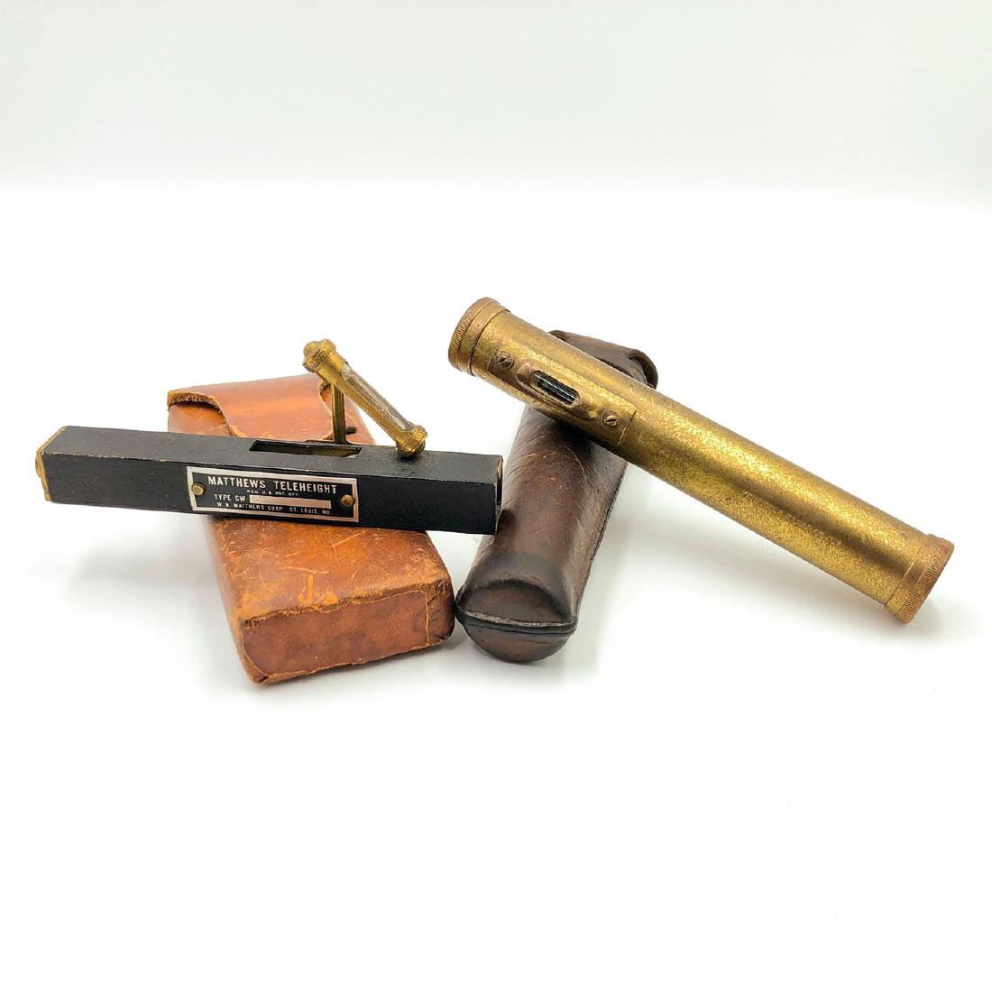 LOT OF 2 VINTAGE BRASS SURVEY TOOLS, IN LEATHER CASES: Matthews Teleheight tool in case w. directions; hand level, case. Two indispensableï¿½tools for the 19thï¿½century surveyor or logger on the go- a solid brass Keuffelï¿½& Esserï¿½Co. of Ne