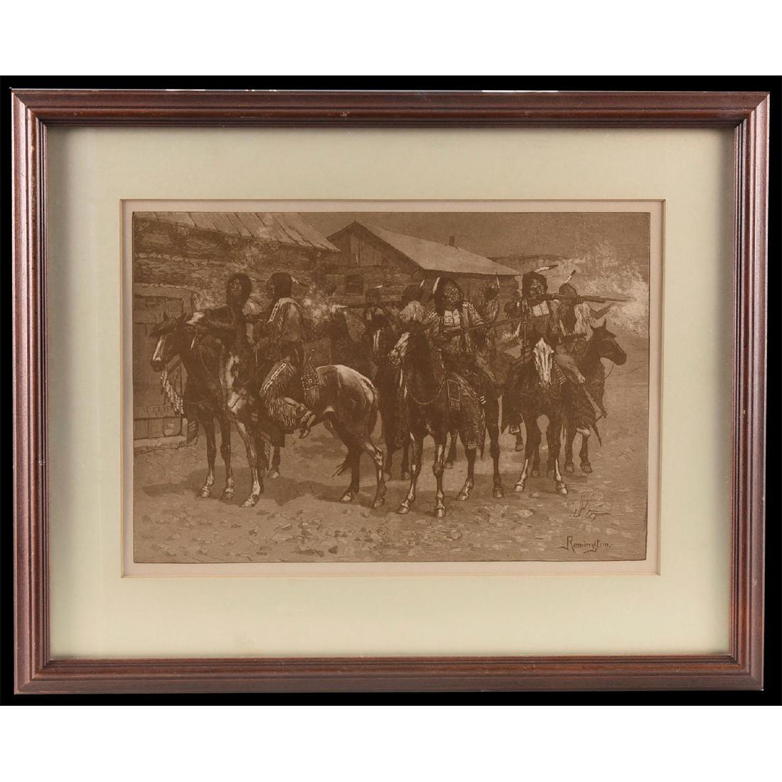 FREDERIC REMINGTON ORIGINAL WARNING SHOTS PRINT: 1973 restrike print pulled from original 1887 carved wood block. Print depicts Native American Indians on galloping horses in war during the American frontier period. Signed by Remington within the pr
