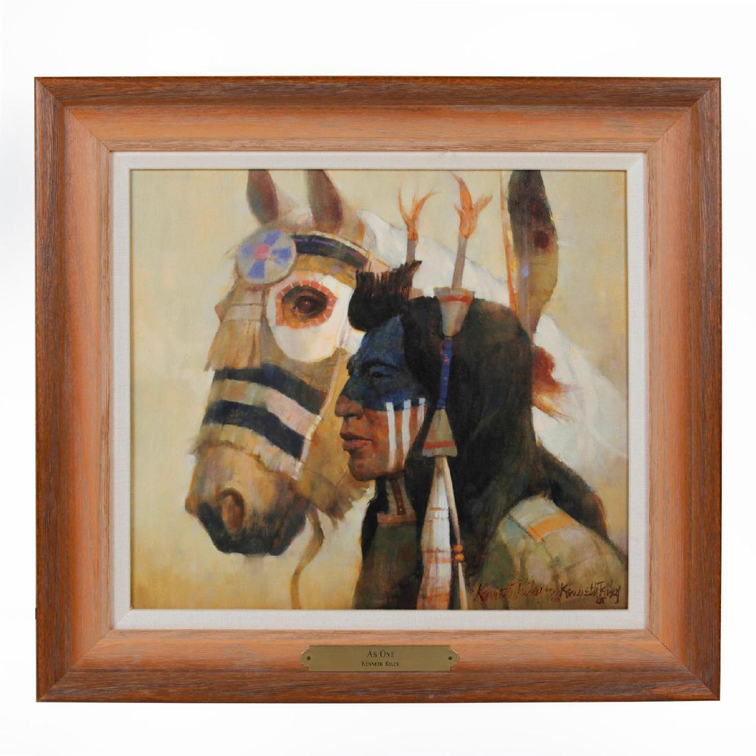 NATIVE AMERICAN AS ONE BY KENNETH RILEY (1919 - 2015): A limited-series framed canvas print of horse and rider. Printed on textured canvas circa 1997, and signed by the artist. Number 64 of a limited 550 print run. The frame, in antiqued wood, contains a