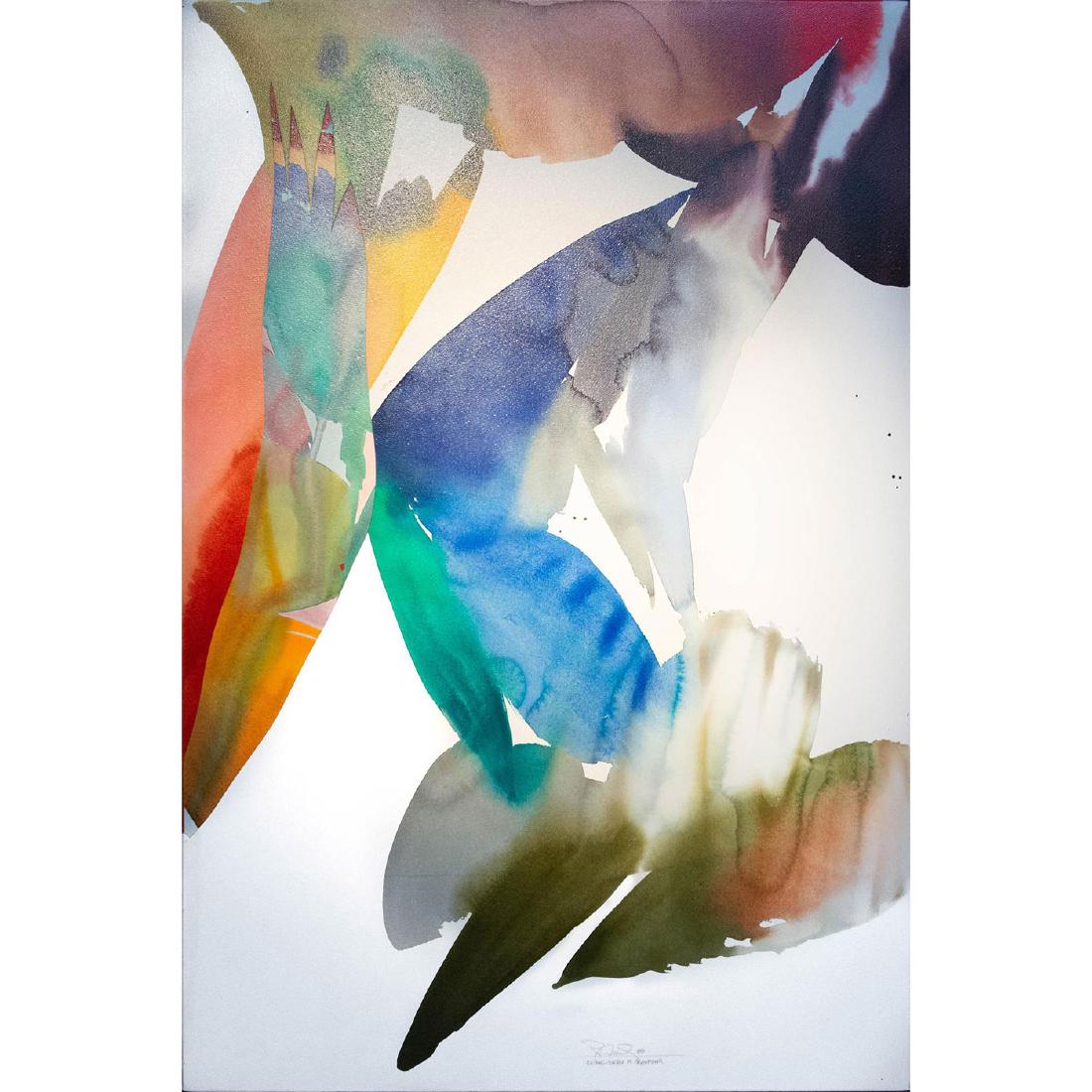 LARGE 20TH CENTURY ABSTRACT PAINTING: Late 20th century abstract watercolor painting Abstract watercolor painting. Title: RIDING ENGLISH IN ARGENTINA by Peter Kitchell (b. 1950). Signed and dated in pecil by the artist bottom center. Over