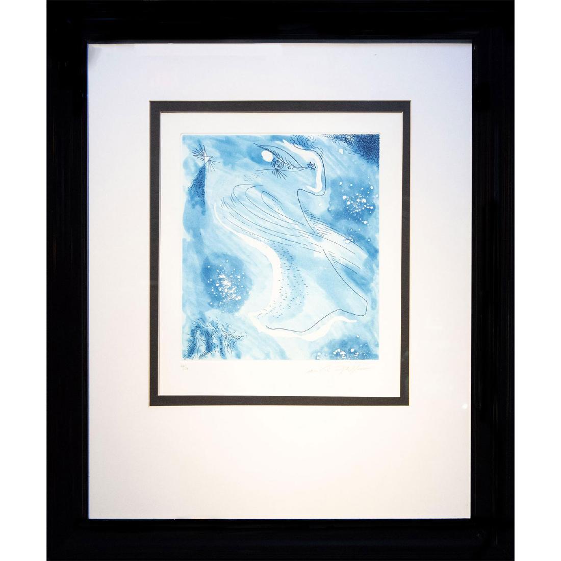 FRAMED AQUATINT ETCHING, AME ERRANTE (WANDERING SOUL),: Limited edition aquatint etching, blue and white on vellum. Presented in a black frame with matte and border. Signed and numbered by Andre Masson (1896-1987), French painter, sculptor, illustrator, de