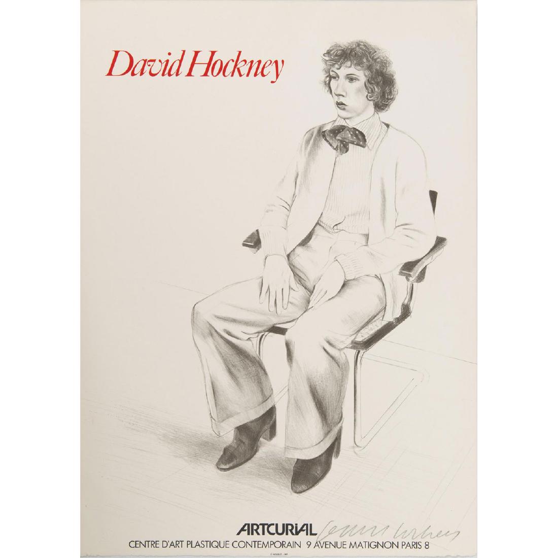AFTER DAVID HOCKNEY EXHIBTION POSTER: Offset lithographic poster printed in colors. From the 1973 ARTCURIAL EXHIBITION, on wove, signed in pencil, published by Mourlot, Paris, with their blindstamp, the full sheet. Artist: David Hockey Is