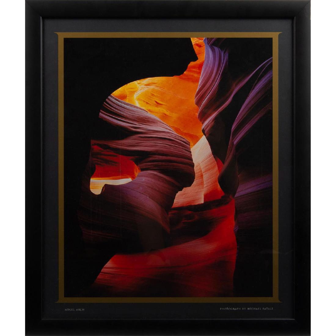 FRAMED CIBACHROME PRINT, ANGEL ARCH, BY MICHAEL FATALI: Framed Cibachrome photograph of Angel Arch in Canyonlands National Park, Moab, UT by American photographer artist, Michael Fatali (b. 1965). Artist: Michael Fatali Dimensions: 18"H x 15.25"W (framed)
