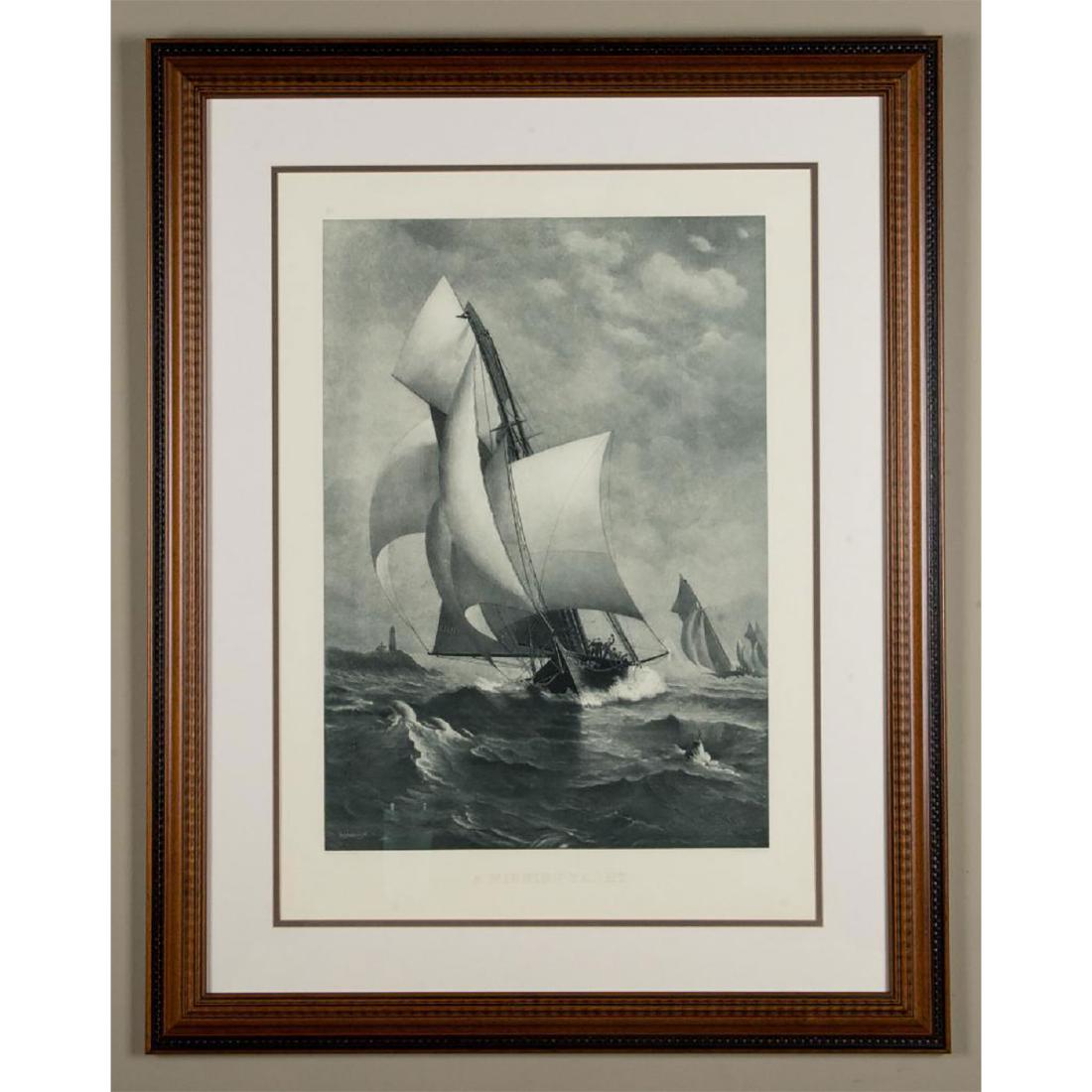 ENGRAVED NAUTICAL PRINT A WINNING YACHT J.O. DAVIDSON: A highly detailed black and white nautical print in a striking dark wooden frame, after an original 1885 copperplate engraving by W. Wellstood, from a painting by Julian Oliver Davidson (1853-1894). S