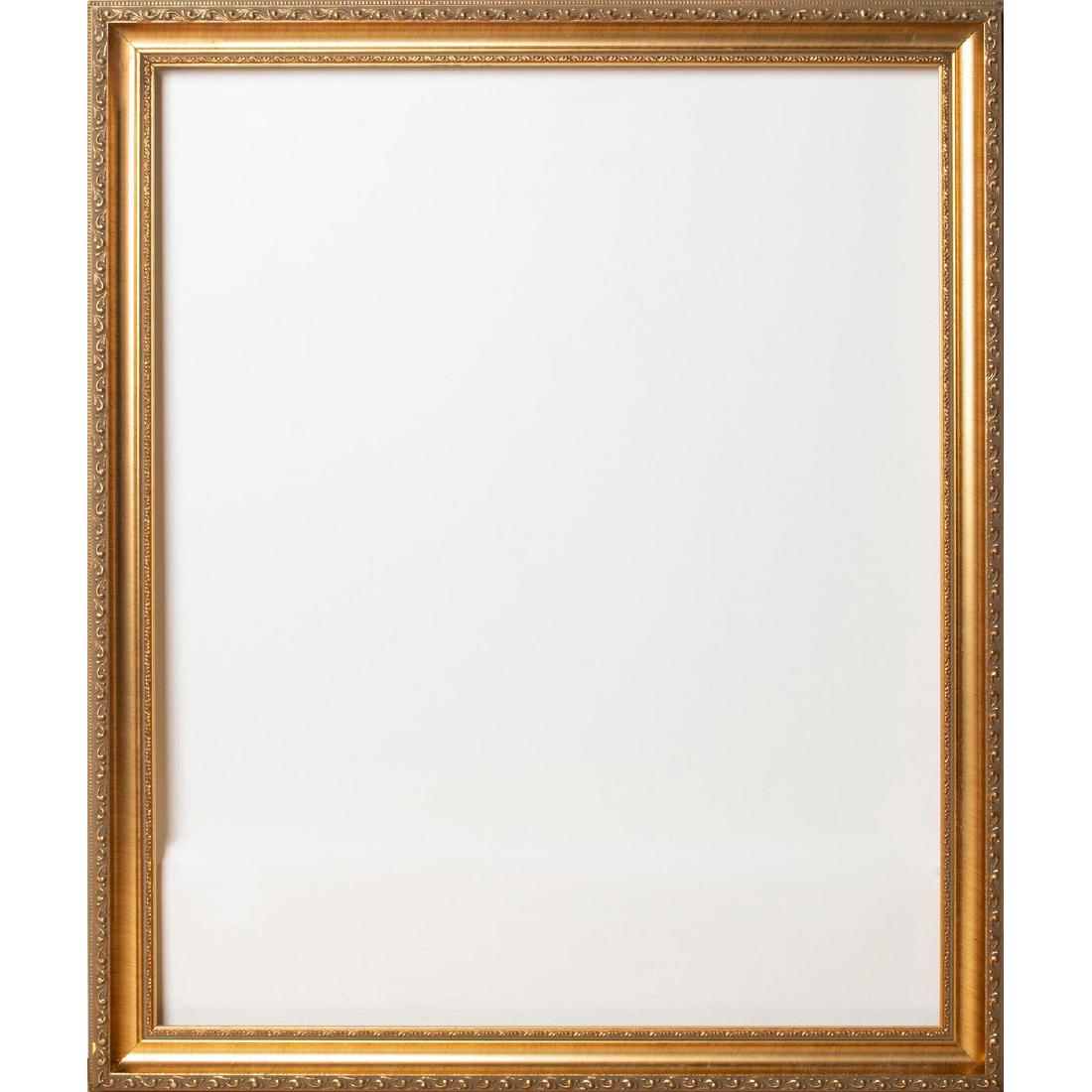GOLD COLOR WOOD ART FRAME: Rectangular gold color wood art frame 2"W x 1.5"D gold color wood art frame. Overall good condition, has minor chipping. Fits 30" x 24" art. Frame does not have a hanging wire or bracket installed, ca