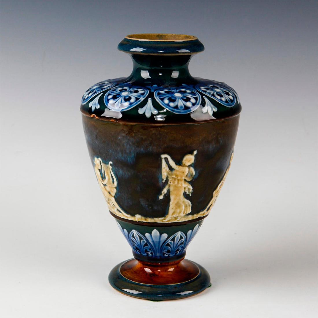 DOULTON LAMBETH GLAZED ART NOUVEAU NEOCLASSICAL VASE: Glazed earthenware with extensive floral and Neoclassical motifs. Brown, blue, green, russet and other colors, with raised white decorations in motifs of Greco Roman Neoclassical figures. Stamped to b