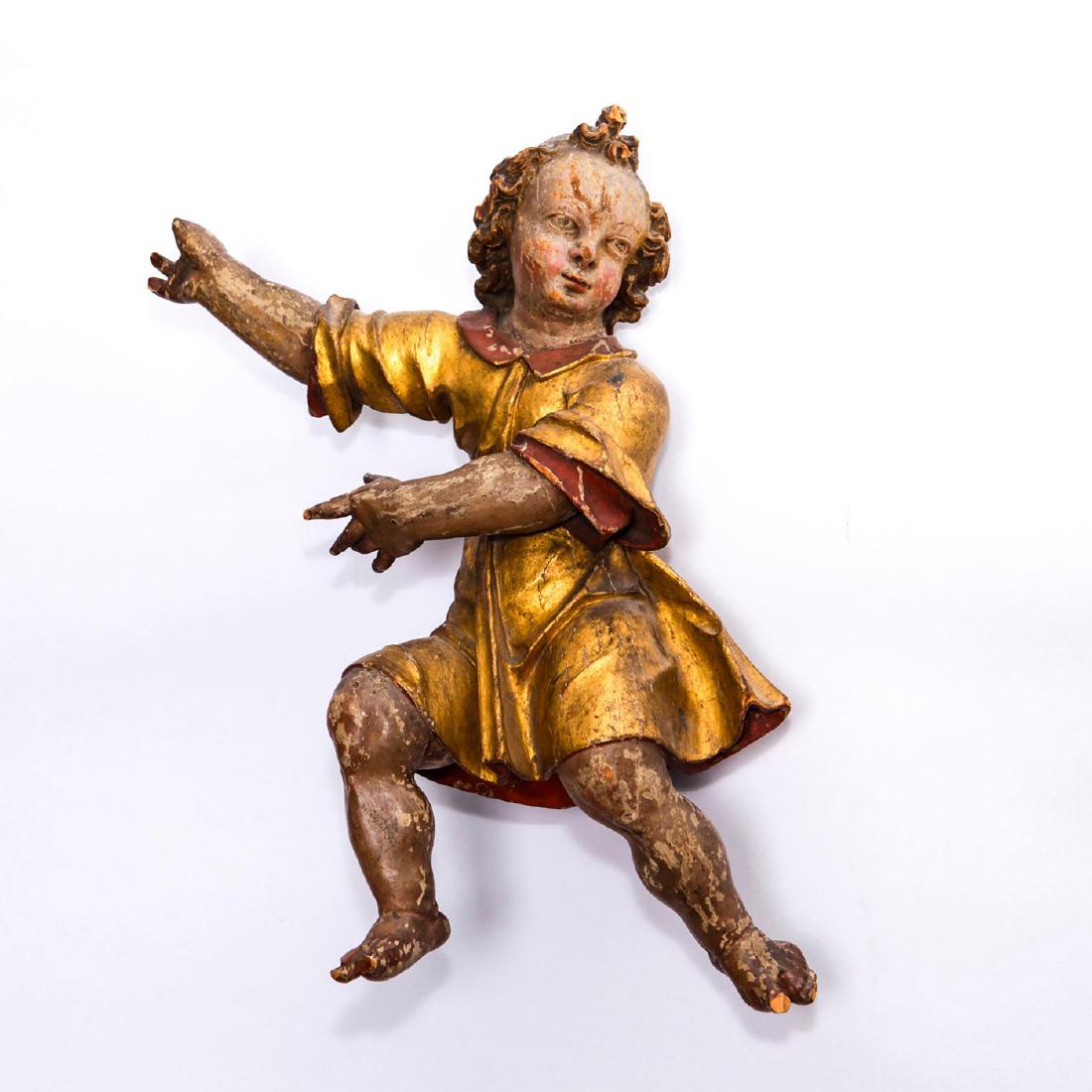 18TH CENTURY POLYCHROME BAROQUE WOODEN ANGEL: Italian German. Allegorical. Hand carved, gold and other colors. Issued: c. 1750 Dimensions: 16"H Country of Origin: South Tyrol