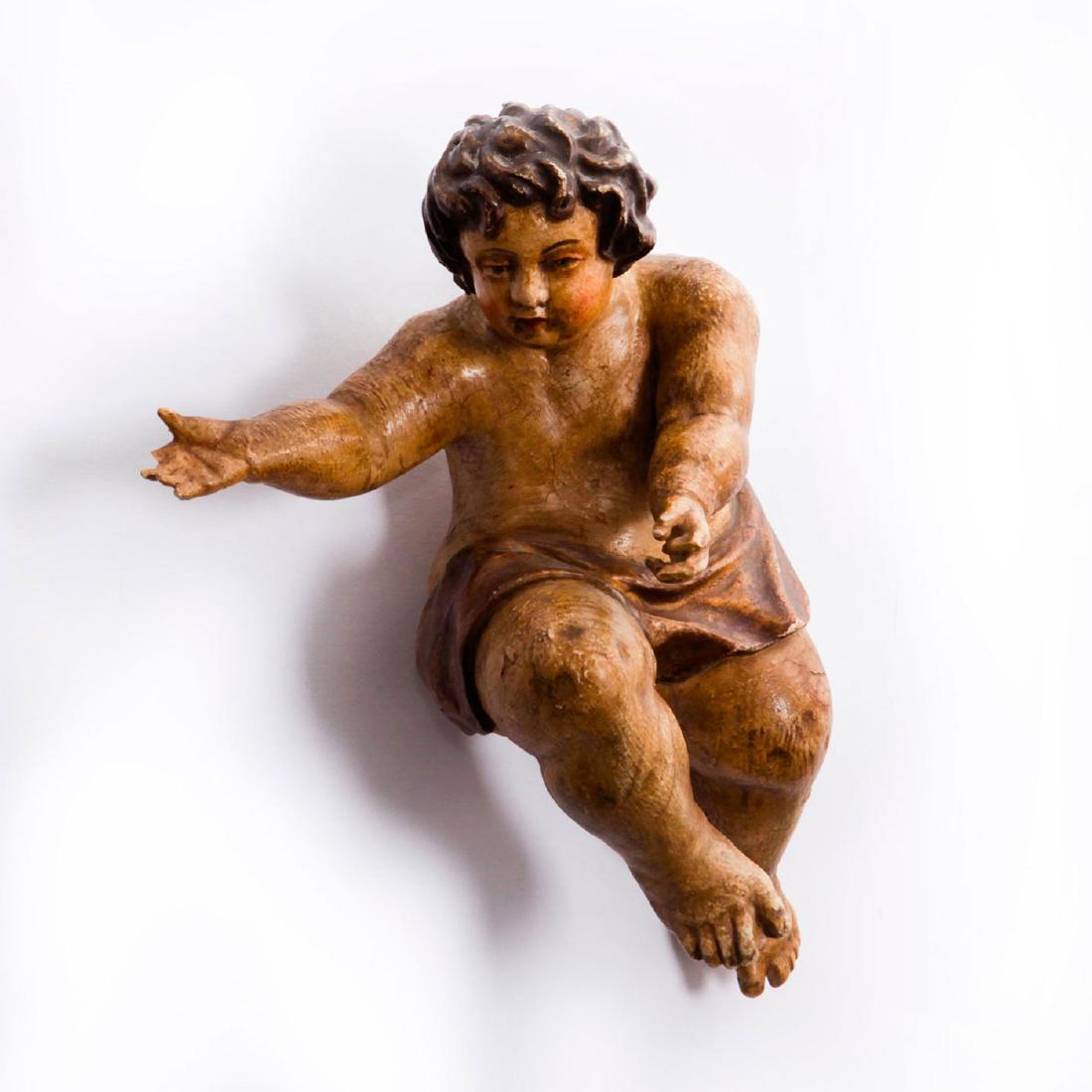 19TH CENTURY WOODEN CHERUB PUTTI ANGEL: Italian German. Allegorical. Hand carved, naturalistic colors. Issued: 19th c. Dimensions: 11"H Country of Origin: South Tyrol