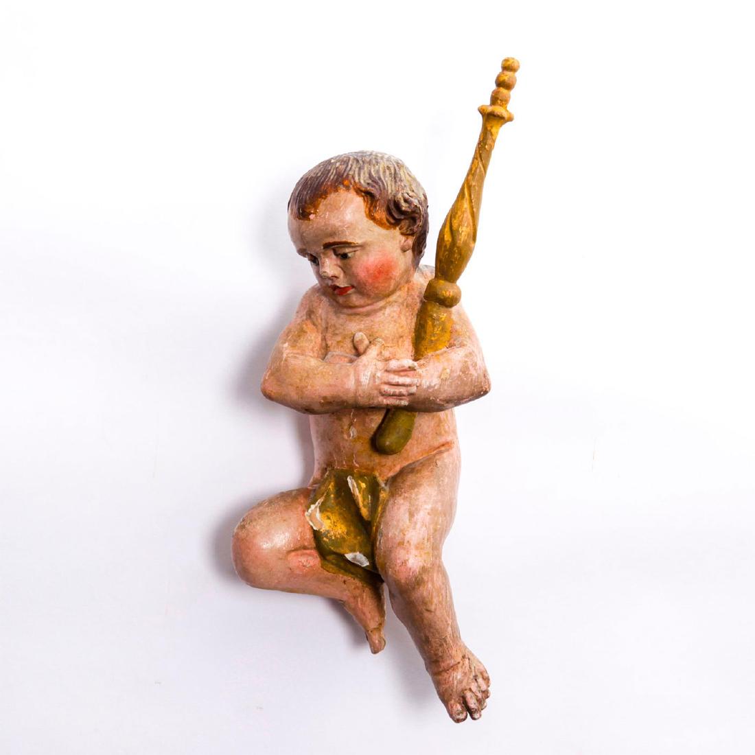 19TH CENTURY WOODEN PUTTI NEOCLASSICAL BOY: Italian German. Allegorical. Aesthetic Movement. Handmade, gold and other colors. Issued: 19th c. Dimensions: 14"H Country of Origin: South Tyrol
