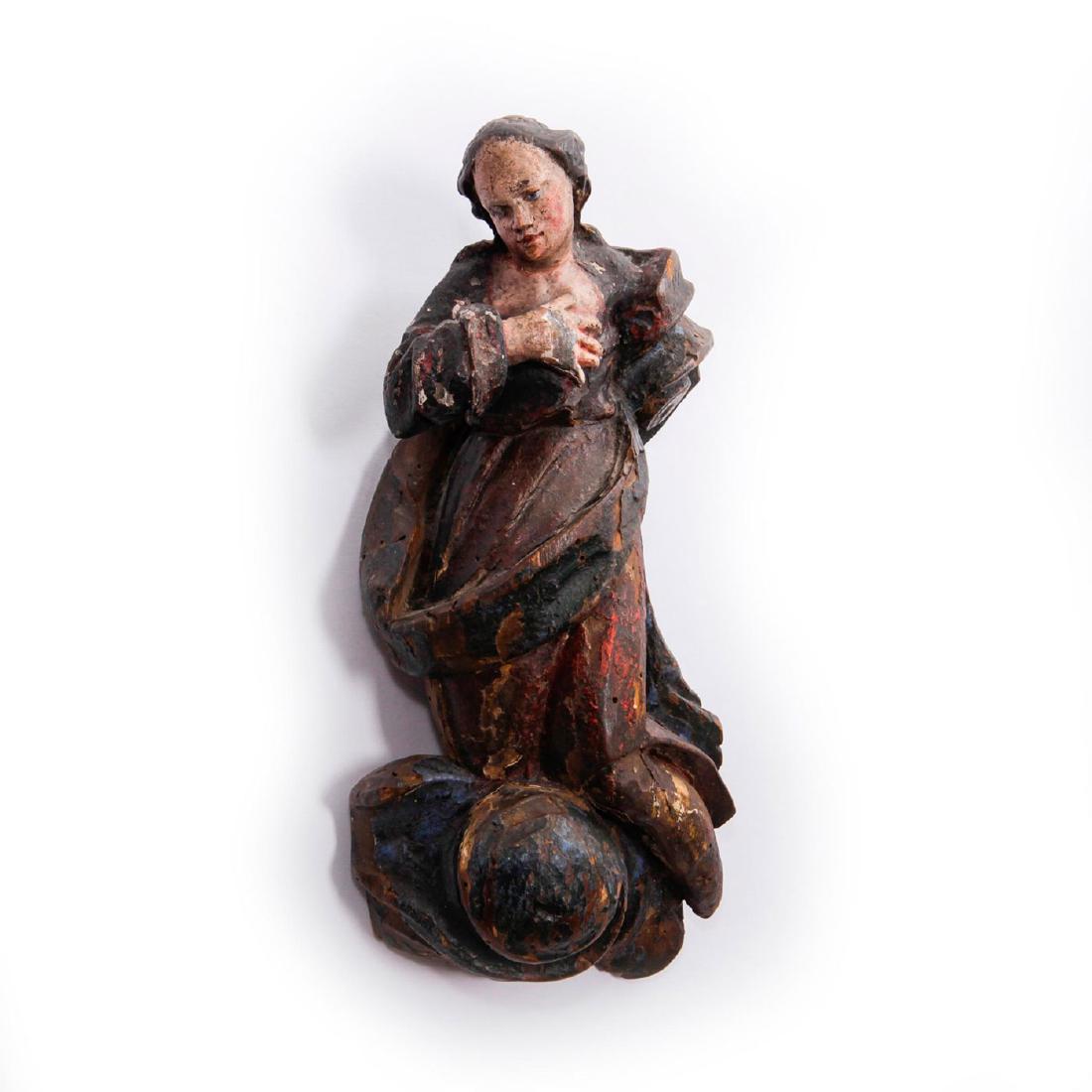 ART NOUVEAU WOODEN SAINT, HAND ON HEART: Italian German. Allegorical. Hand carved, naturalistic colors. Issued: 20th c. Dimensions: 10"H Country of Origin: South Tyrol