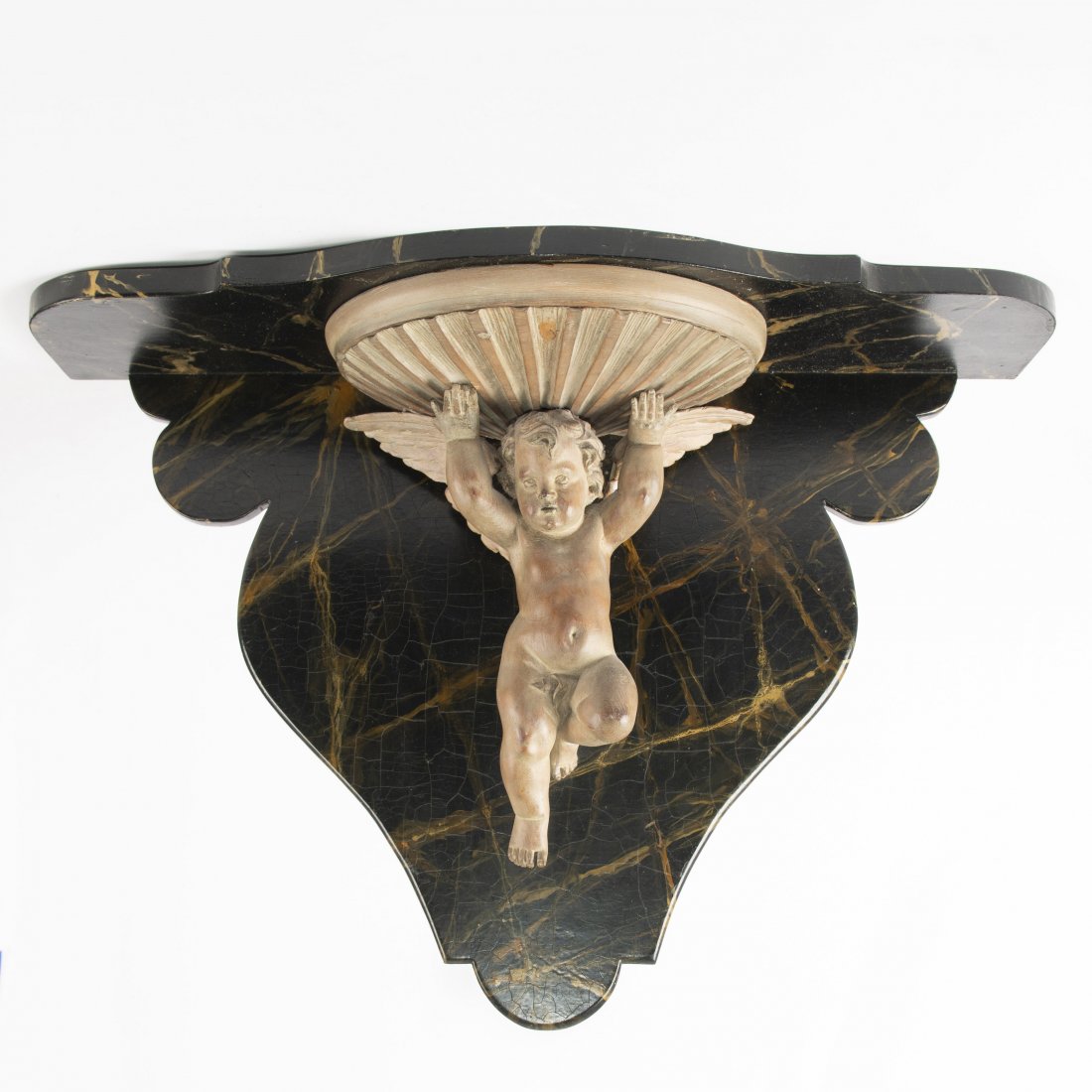 HAND CARVED WOODEN SHELF, CHERUB PUTTI ANGEL WITH SHELL (1 of 7)