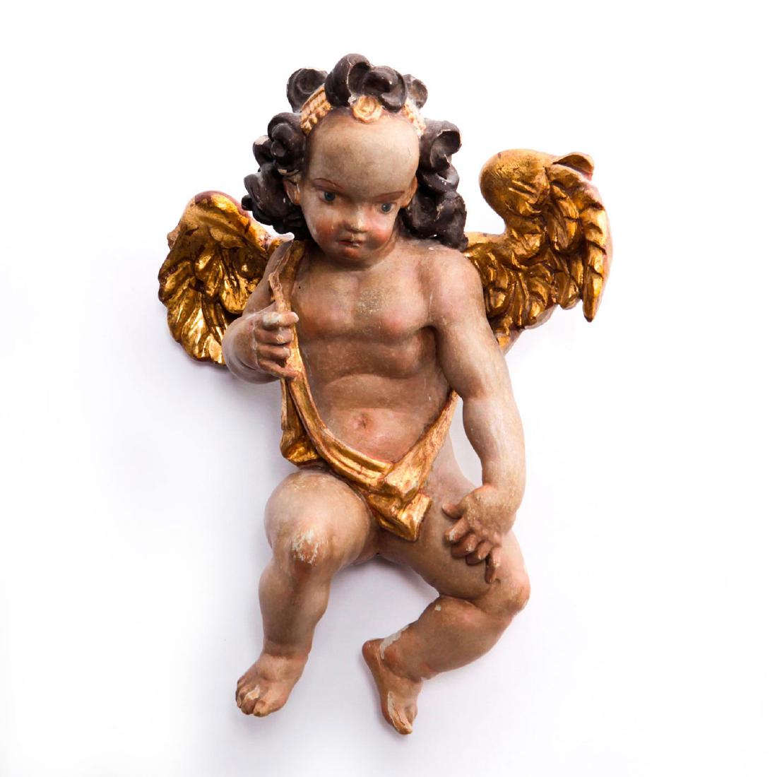 POLYCHROME BAROQUE WOODEN CHERUB PUTTI ANGEL (1 of 2)