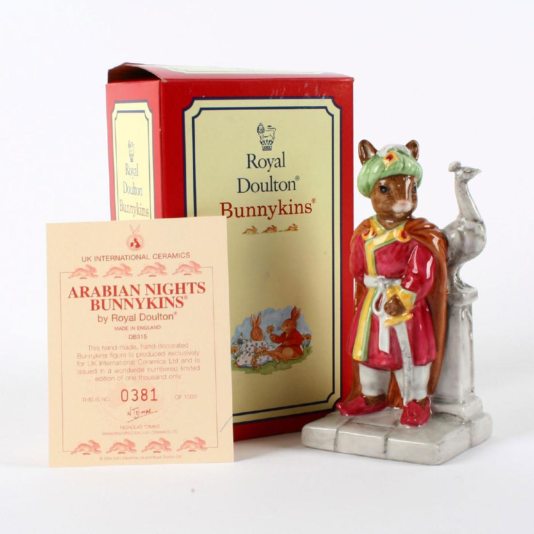 ROYAL DOULTON BUNNYKINS FIGURINE ARABIAN NIGHTS DB315: Limited Edition of 1,000. Stamped to base ROYAL DOULTON and other marks. Certificate of Authenticity. Original collectors box. Artist: C. Dadd Issued: 2005 Dimensions: 5"H Edition Number: 381 Edition