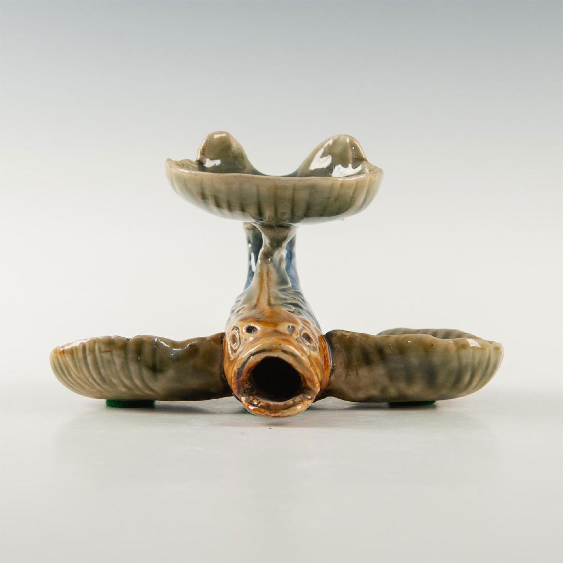 DOULTON LAMBETH ART NOUVEAU OPEN SALT BY MARK MARSHALL: Glazed Art Nouveau stoneware, blue, brown, tan. A very rare open salt by Doulton artist Mark Marshall, modeled as a flying fish with three open salt containers. Stamped to base. Artist: Mark Marshall