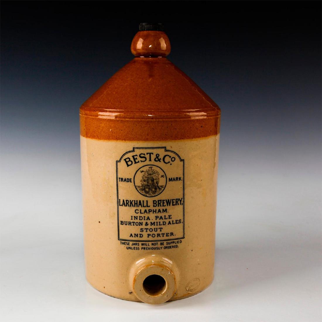 DOULTON LAMBETH ADVERTISING PUB WARE ALE BARREL: Large dark and light brown salt glazed barrel jug with handle. Advertising ware produced for and stamped to front BEST & CO. LARKHALL BREWERY CLAPHAM INDIA PALE BURTON & MILD ALES, STOUT AND PORTER, a