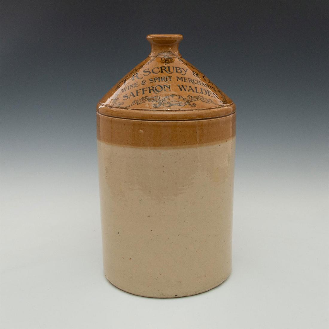 DOULTON LAMBETH ADVERTISING PUB WARE WINE SPIRIT BARREL: Large cream and light brown salt glazed barrel jug. Advertising ware produced for and stamped to front T.R. SCRUBY & CO. WINE & SPIRIT MERCHANTS SAFFRON WALDEN. Impressed to top side DOULTON & CO. LAM