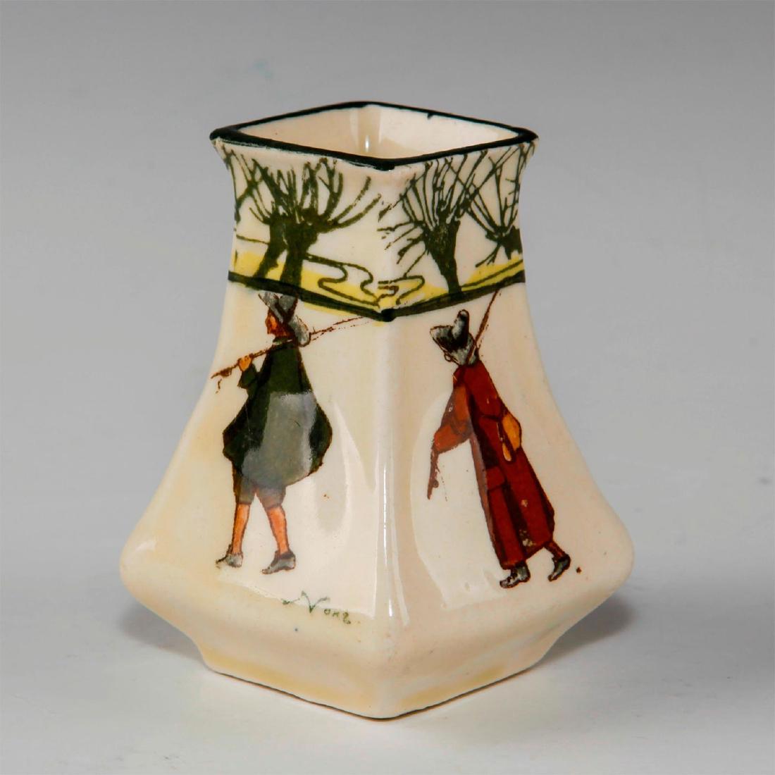 ROYAL DOULTON BUD VASE, ISAAC WALTON GALLANT FISHERS: Early 20th c. fishing themed bud vase. Depicts fisherman inspired by THE COMPLEAT ANGLER by Isaac (Izaak) Walton, first published in 1653. This miniature bud vase features a different fisherman on eac