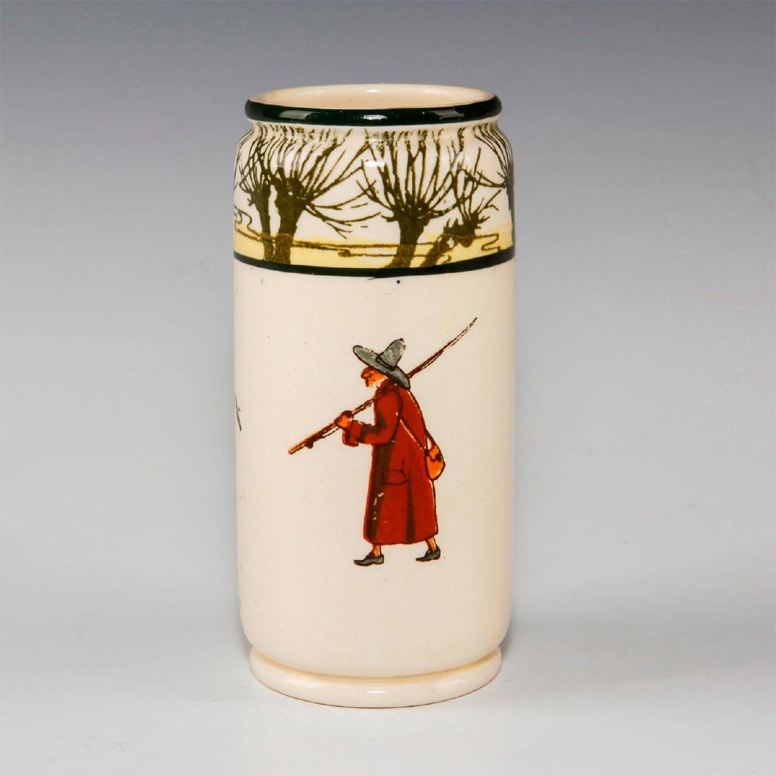 ROYAL DOULTON BUD VASE, ISAAC WALTON GALLANT FISHERS: Early 20th c. fishing themed bud vase. Marked 6923. Depicts fisherman inspired by THE COMPLEAT ANGLER by Isaac (Izaak) Walton, first published in 1653. This bud vase features three fishermen with a wi