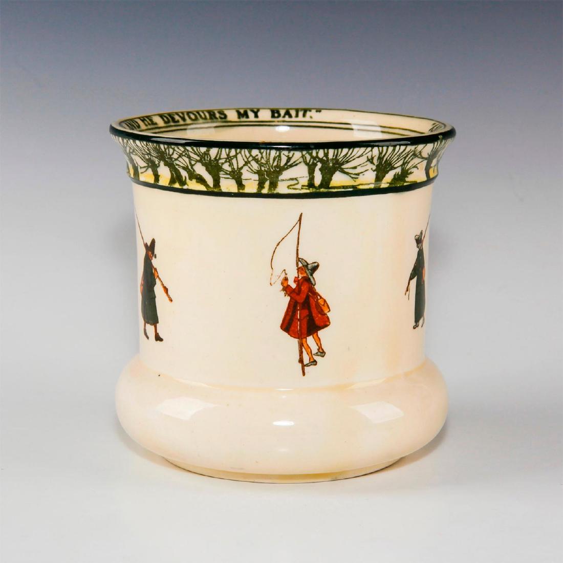 ROYAL DOULTON SMALL VASE, ISAAC WALTON GALLANT FISHERS: Early 20th c. fishing themed vase. Depicts fishing scenes from THE COMPLEAT ANGLER by Isaac (Izaak) Walton, first published in 1653, and features song and verse excerpts from famous writers about the 