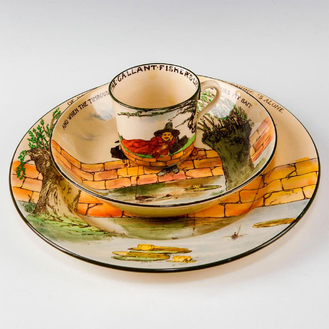 LOT OF 3 ROYAL DOULTON GALLANT FISHERS SERIESWARE: Early 20th c. fishing themed ceramics. Depicts fisherman inspired by THE COMPLEAT ANGLER by Isaac (Izaak) Walton, first published in 1653. This set features fishermen on a seawall and a different fish