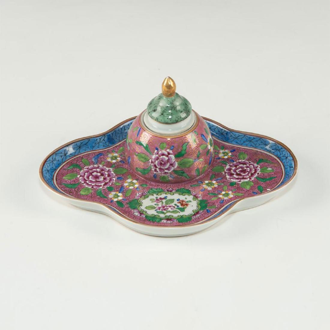 CARL THIEME EARLY 20TH CENTURY CHINOISERIE FLORAL: Violet, blue, gilt decor, removable inkwell, jade-style stopper. Issued: Post 1901 Dimensions: 7.5"L X 5.5" X 4"H Manufacturer: VEB Saxonia Country of Origin: Germany