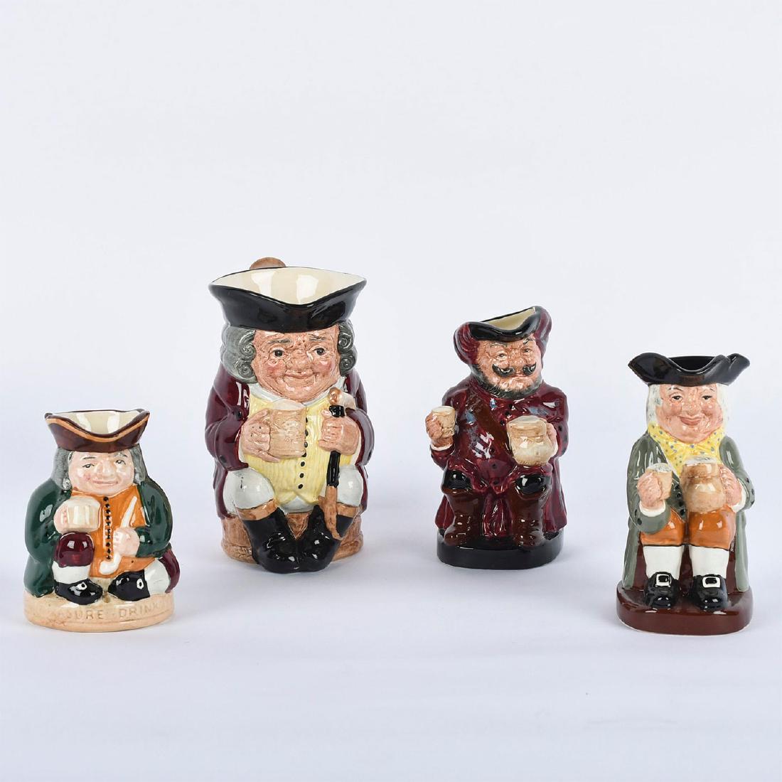 GROUP OF 4 ROYAL DOULTON CHARACTER TOBY JUGS: Includes Falstaff, Honest Measure, Happy John and Jolly Toby. Three small jugs and a medium sized Jolly Toby. Royal Doulton backstamps. Artist: Various Issued: 20th c. Dimensions: 6.25"H, tallest Manu