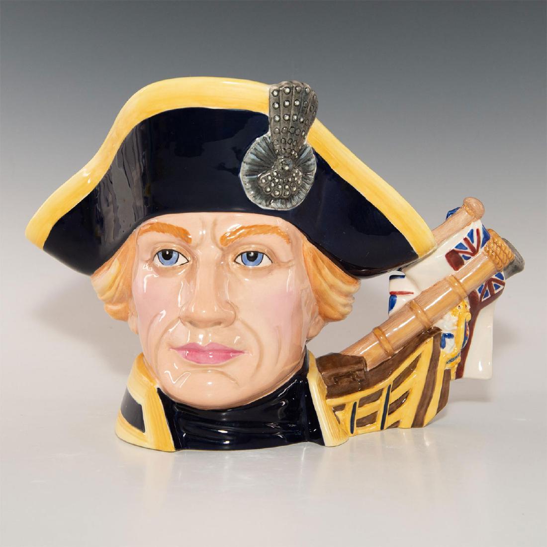 ROYAL DOULTON LARGE CHARACTER JUG, LORD HORATIO NELSON: D7236. Character jug of the year 2005. Handle in form of a bow of HMS Victory, red ensign and telescope. Royal Doulton backstamp. Artist: Martyn C. R. Alcock Issued: 2005 Dimensions: 7"H Manufacturer:
