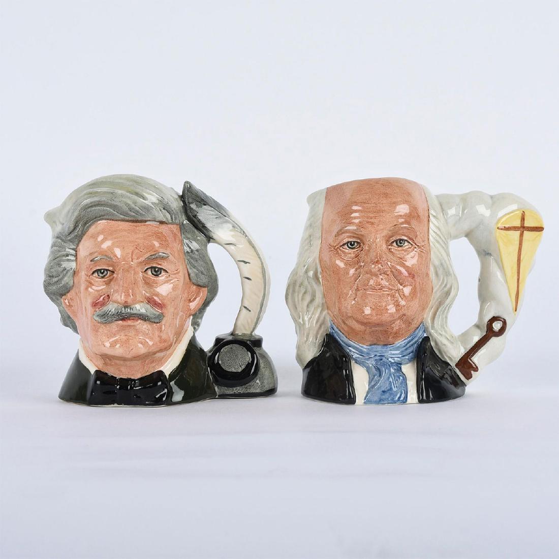 PAIR OF ROYAL DOULTON SMALL CHARACTER JUGS: Includes Mark Twain D6694 and Benjamin Franklin D6695. Royal Doulton backstamp. Artist: Eric Griffiths Issued: Late 20th c. Dimensions: 4"H, each Manufacturer: Royal Doulton Country of Origin: England