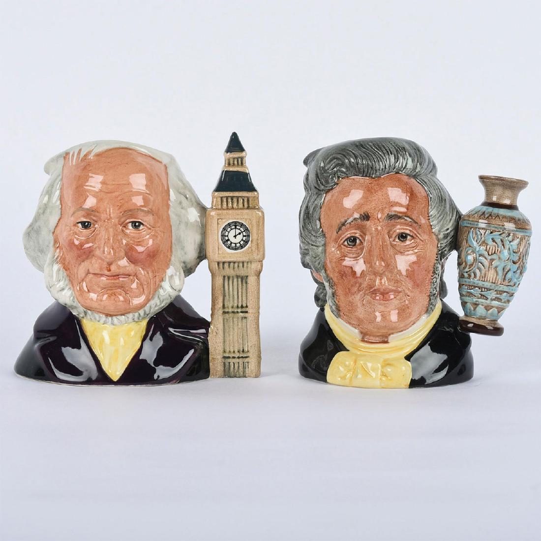 PAIR OF ROYAL DOULTON SMALL CHARACTER JUGS: Includes Sir Henry Doulton D6703 and John Doulton D6656. Part of the MEN OF HISTORY, EXCLUSIVELY FOR COLLECTORS CLUB SERIES. Royal Doulton backstamps. Artist: Eric Griffiths Issued: 1980s Dimensions: 