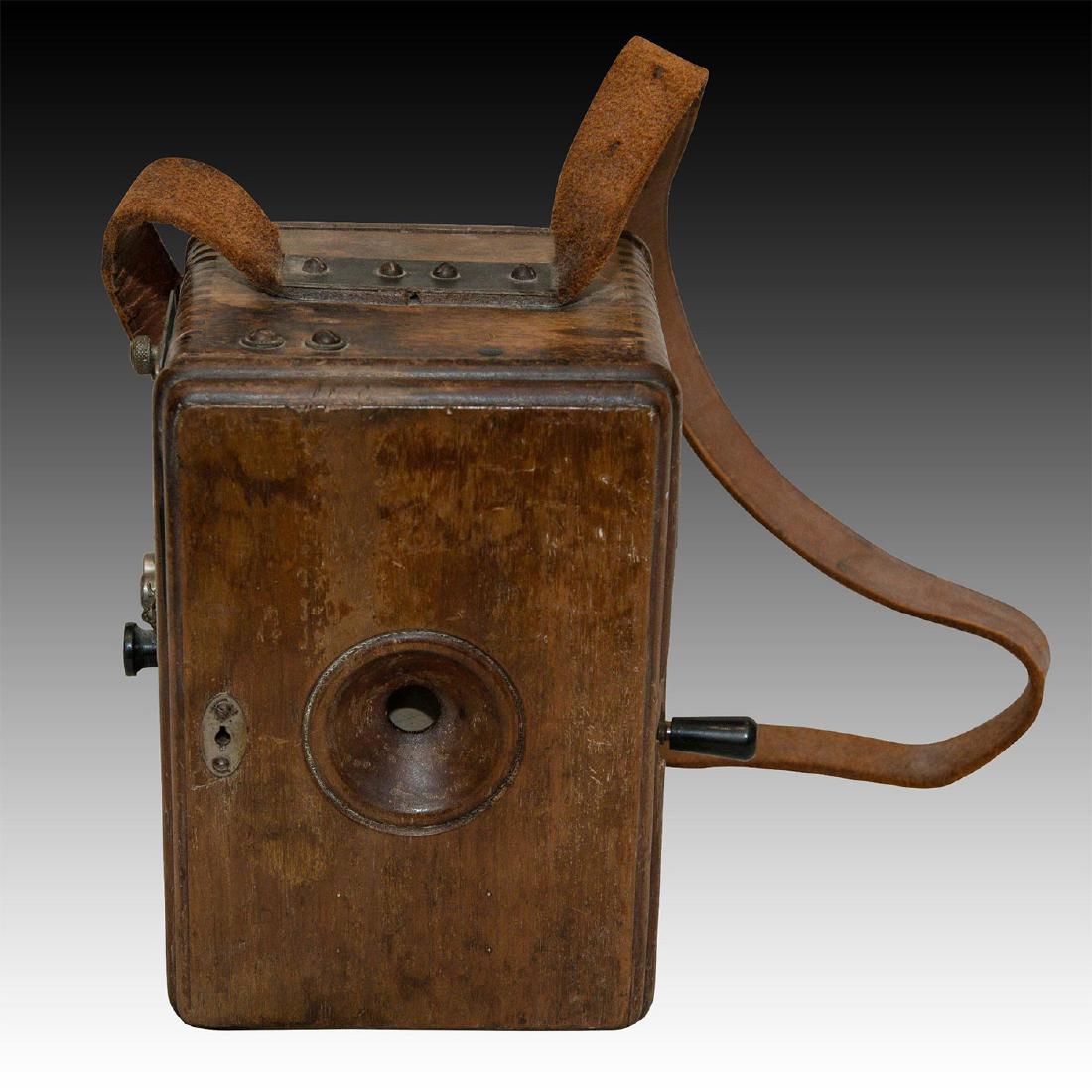 19TH CENTURY RAILROAD LINEMAN WOODEN CRANK PHONE: Phone for railroad lineman. Original components and connections. A field phone made in the late 1890s or early 1900s for a railroad lineman or field dispatcher, by an unknown manufacturer, possibly We