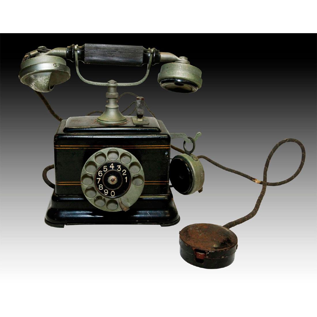 ERICSSON FRENCH ROTARY MOTHER IN LAW TELEPHONE: Separate listen switch, earpiece, hook. Bakelite metal handset. Issued: c. 1930 Dimensions: 9.5"H Manufacturer: Ericsson Country of Origin: France