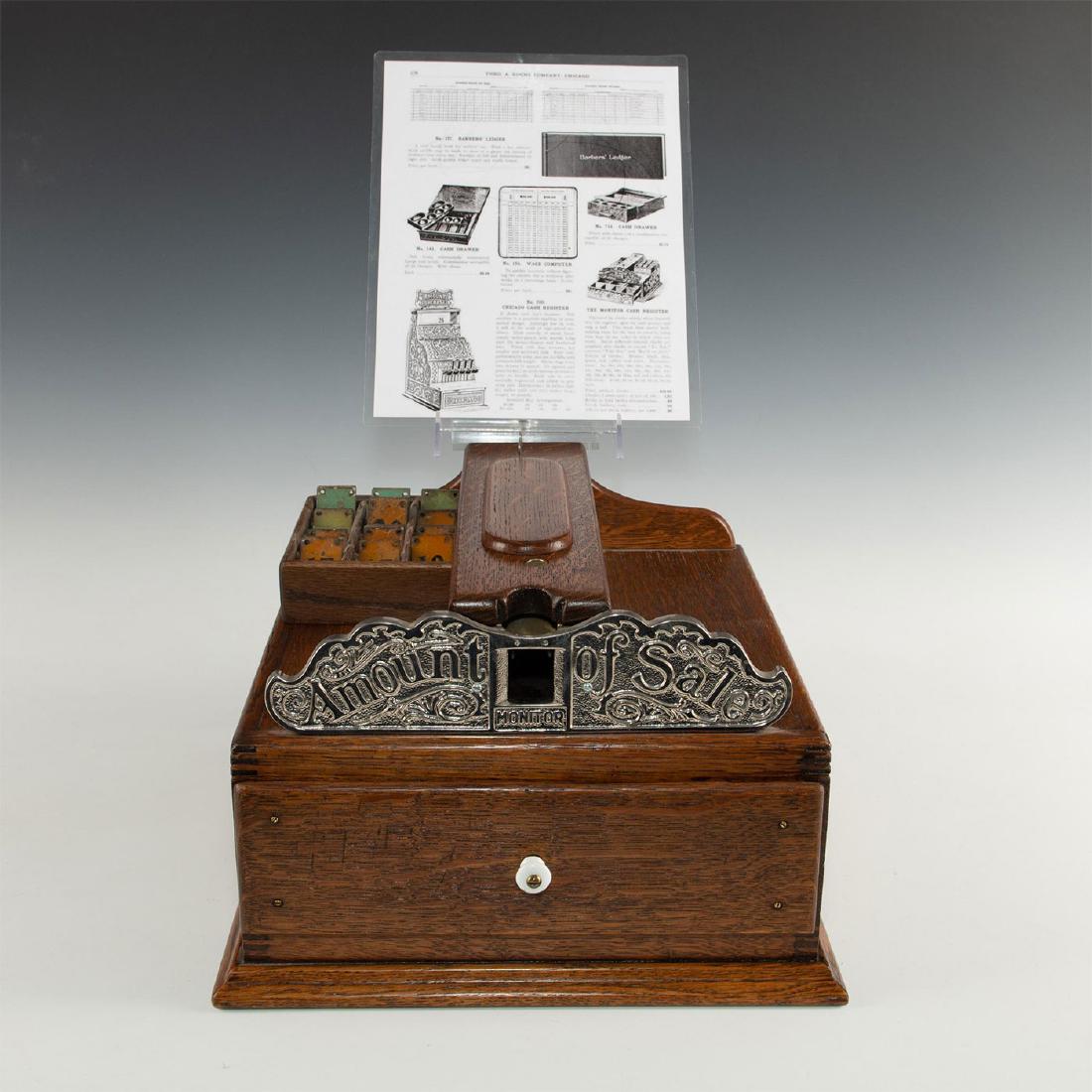 MONITOR BARBER SHOP CASH REGISTER: No.1A Oak Barbershop Cash Register by Whiting Manufacturing Co. Comes with original key, which opens both working locking mechanisms, allowing for access to tag till. Includes laminated reproduction o