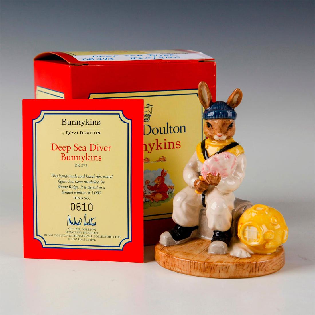 ROYAL DOULTON BUNNYKINS FIGURINE DEEP SEA DIVER DB273: Limited Edition of 3,000. Stamped to base ROYAL DOULTON and other marks. Certificate of Authenticity. Original collectors box. Artist: S. Ridge Issued: 2003 Dimensions: 4.75"H Edition Number: 610 Edit