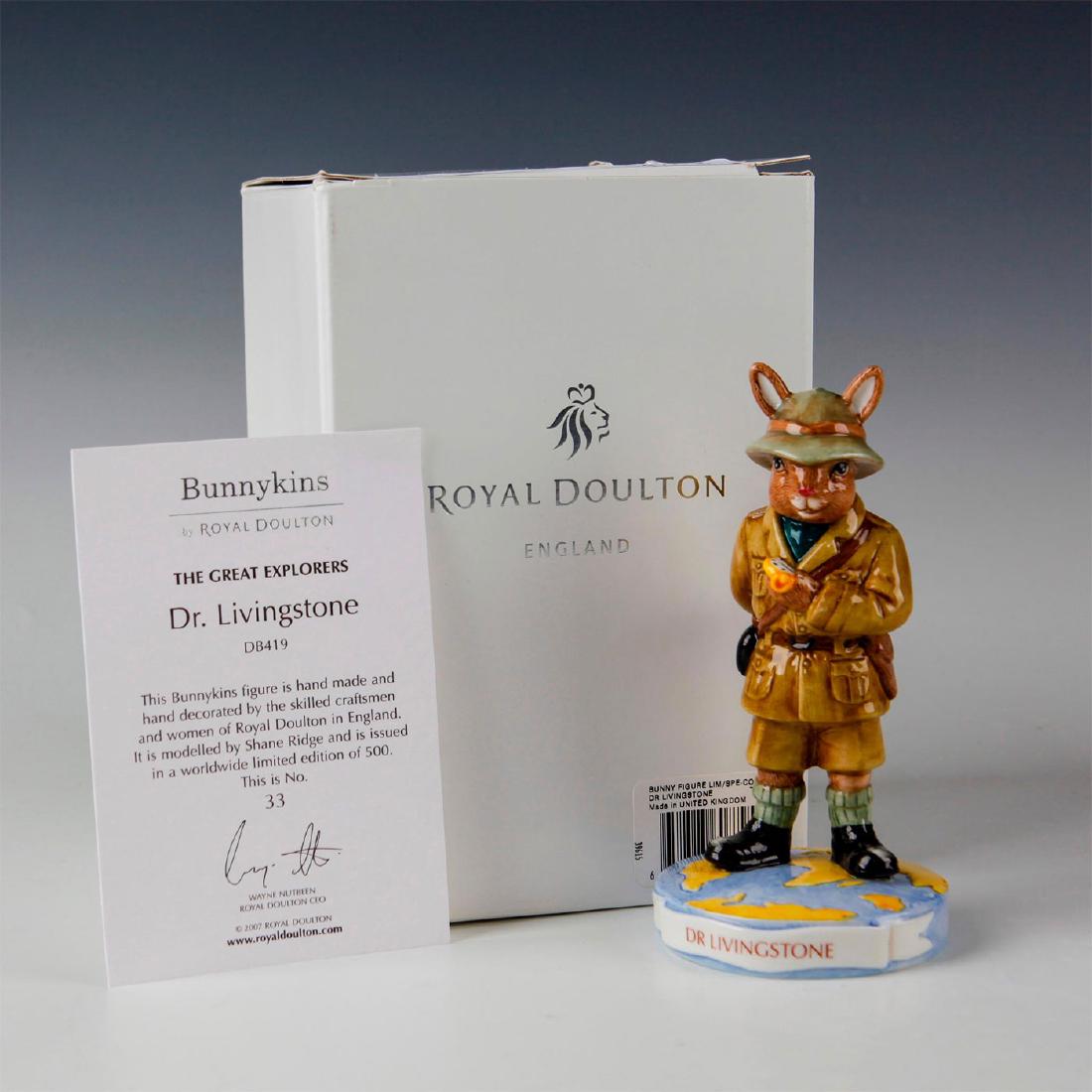 ROYAL DOULTON BUNNYKINS FIGURINE DOCTOR LIVINGSTONE: From the Explorer Series. Limited Edition of 500. Stamped to base ROYAL DOULTON and other marks. Certificate of Authenticity. Original collectors box. Artist: C. Dadd Issued: 2008 Dimensions: 5"H Edit
