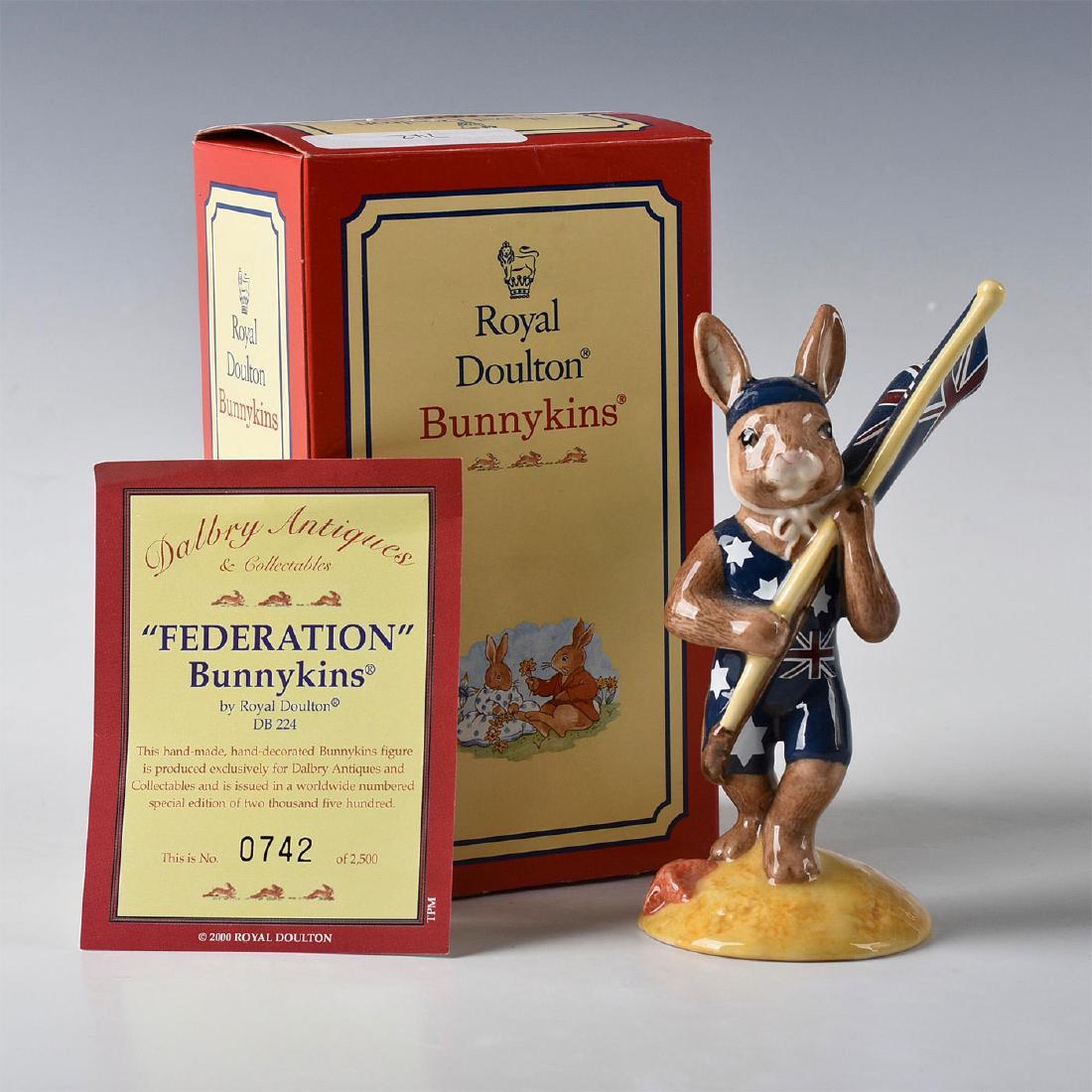 ROYAL DOULTON BUNNYKINS FIGURINE FEDERATION DB224: Special production run. Limited Edition of 2,500. Stamped to base ROYAL DOULTON and other marks. Certificate of Authenticity. Original collectors box. Artist: Brian Dalgish and Bill Bryant Issued: 200