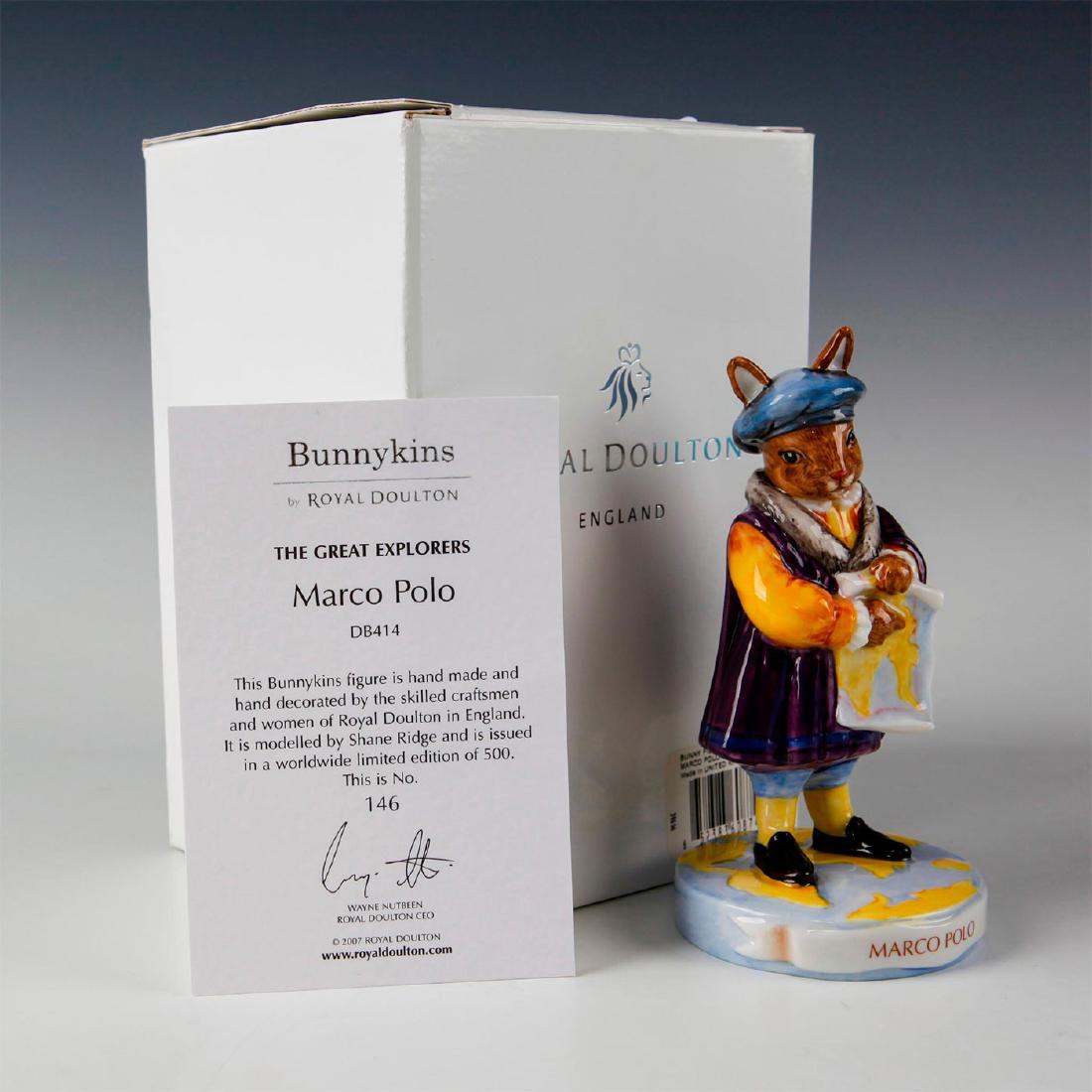 ROYAL DOULTON BUNNYKINS FIGURINE MARCO POLO DB414: From the Explorer Series. Limited Edition of 500. Stamped to base ROYAL DOULTON and other marks. Certificate of Authenticity. Original collectors box. Artist: C. Dadd Issued: 2008 Dimensions: 5"H Edit