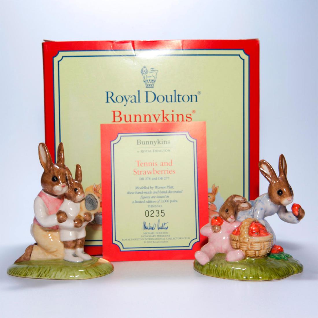ROYAL DOULTON BUNNYKINS FIGURINES TENNIS & STRAWBERRIES: DB277, DB278. Limited edition of 3,000 pairs. Stamped to base ROYAL DOULTON and other marks. Certificate of Authenticity. Original collectors box. Artist: Warren Platt Issued: 2003 Dimensions: 3.7"H, 