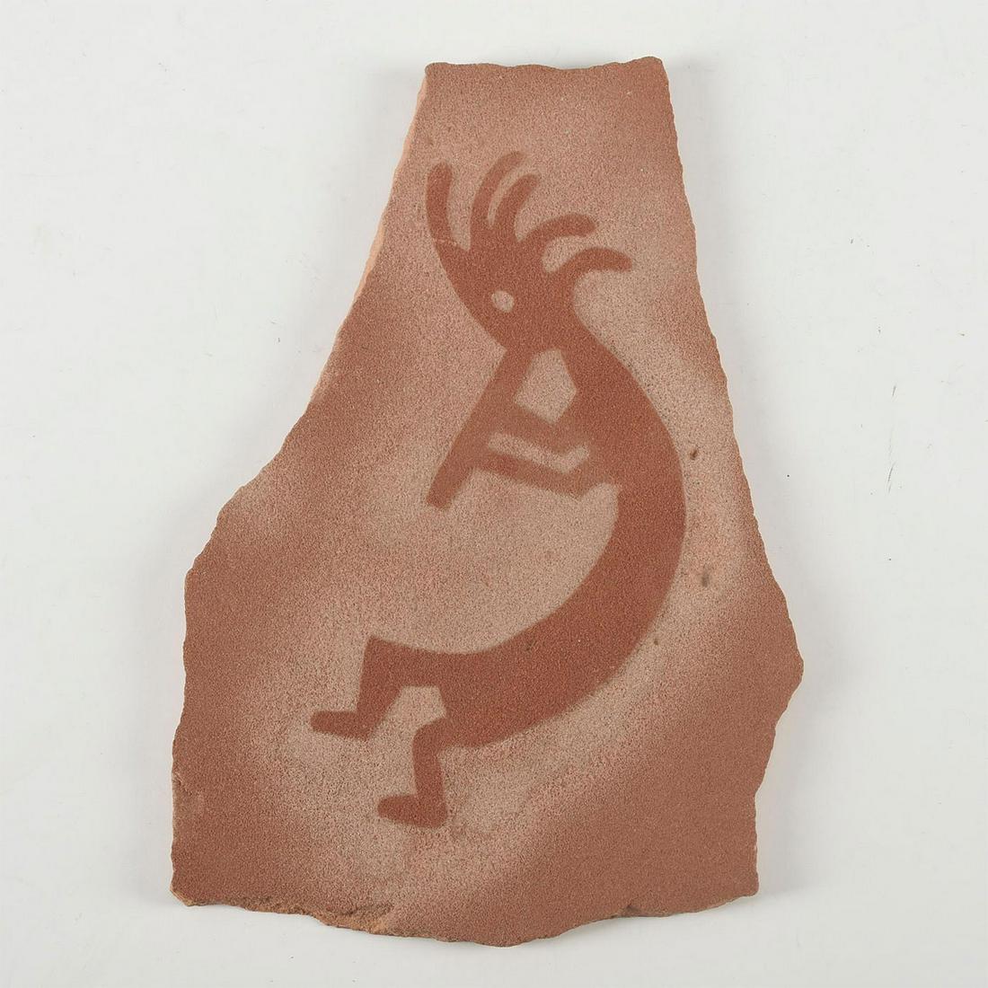 NATIVE AMERICAN SCULPTURAL ART TRIBAL CARVING PLAQUE: An original design inspired by ancient petroglyph cave art. Naturalistic styled decorative art ceramic with raised central Kachina spirit figure motif. Issued: 20th c. Dimensions: 8.25"H x 6"W Country