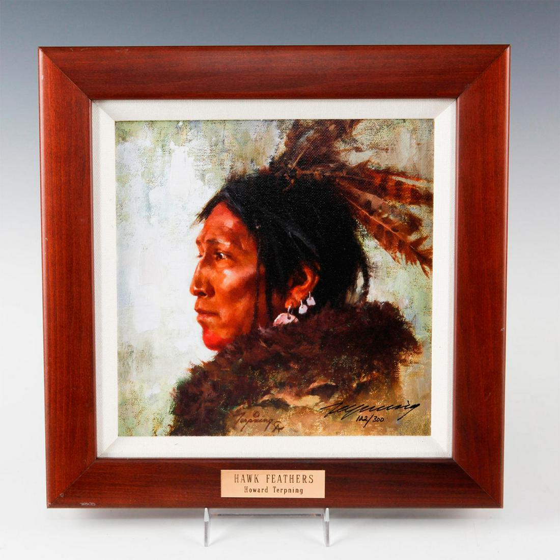 NATIVE AMERICAN FRAMED GICLEE ON CANVAS, HAWK FEATHERS: By artist Howard Terpning. Wood frame and white linen matte. Hawk Feathers. Signed and numbered by the artist, a limited edition Giclee on canvas produced from original oil painting. Incised brass pla