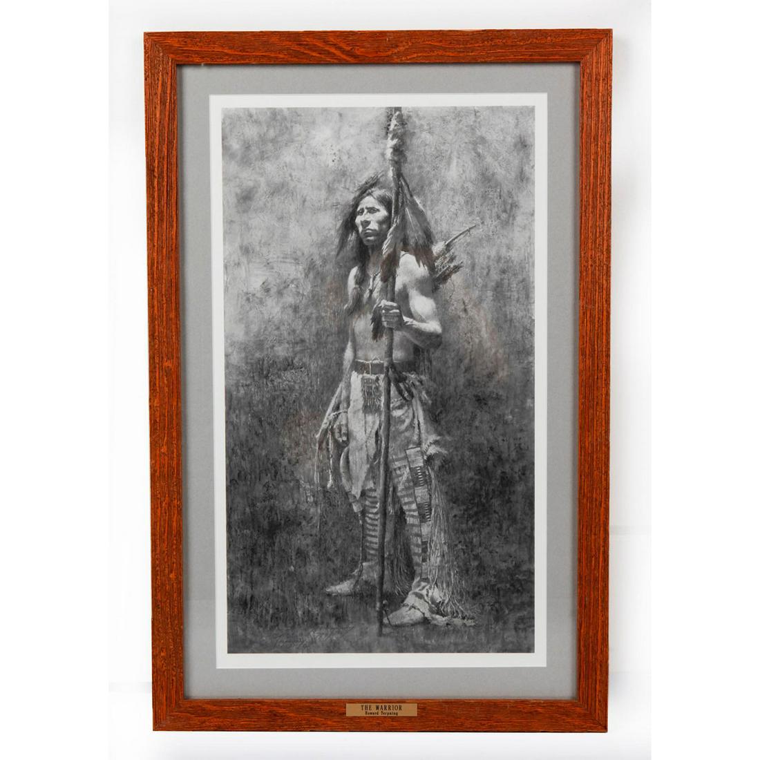 NATIVE AMERICAN TRIBAL FRAMED, SIGNED ART PRINT POSTER: By artist Howard Terpning. From original pencil sketch. The Warrior. Signed and numbered by the artist, a limited edition print produced from the original 1981 pencil drawing. In a decorative wood fra