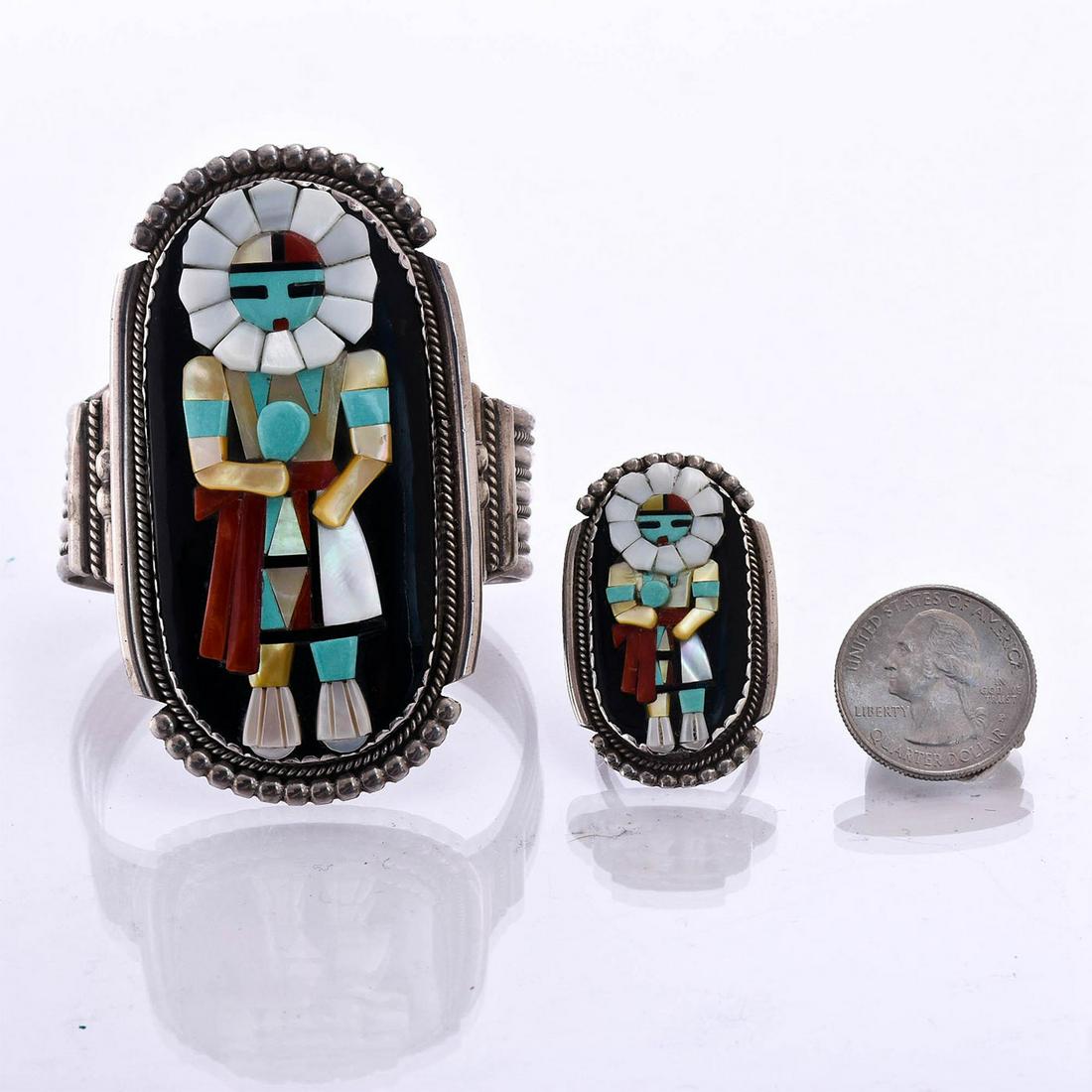 ZUNI KACHINA SILVER BRACELET AND RING BY BEV ETSATE: Multi-stone, shell. Approx. weight 90g. Cuff, 6"C. Ring, S 6.5. Zuni artist, marked on the underside. Acclaimed artist, Bev Etsate is the daughter of Zuni artists, Augustine and Rosalie Pinto. Artist: