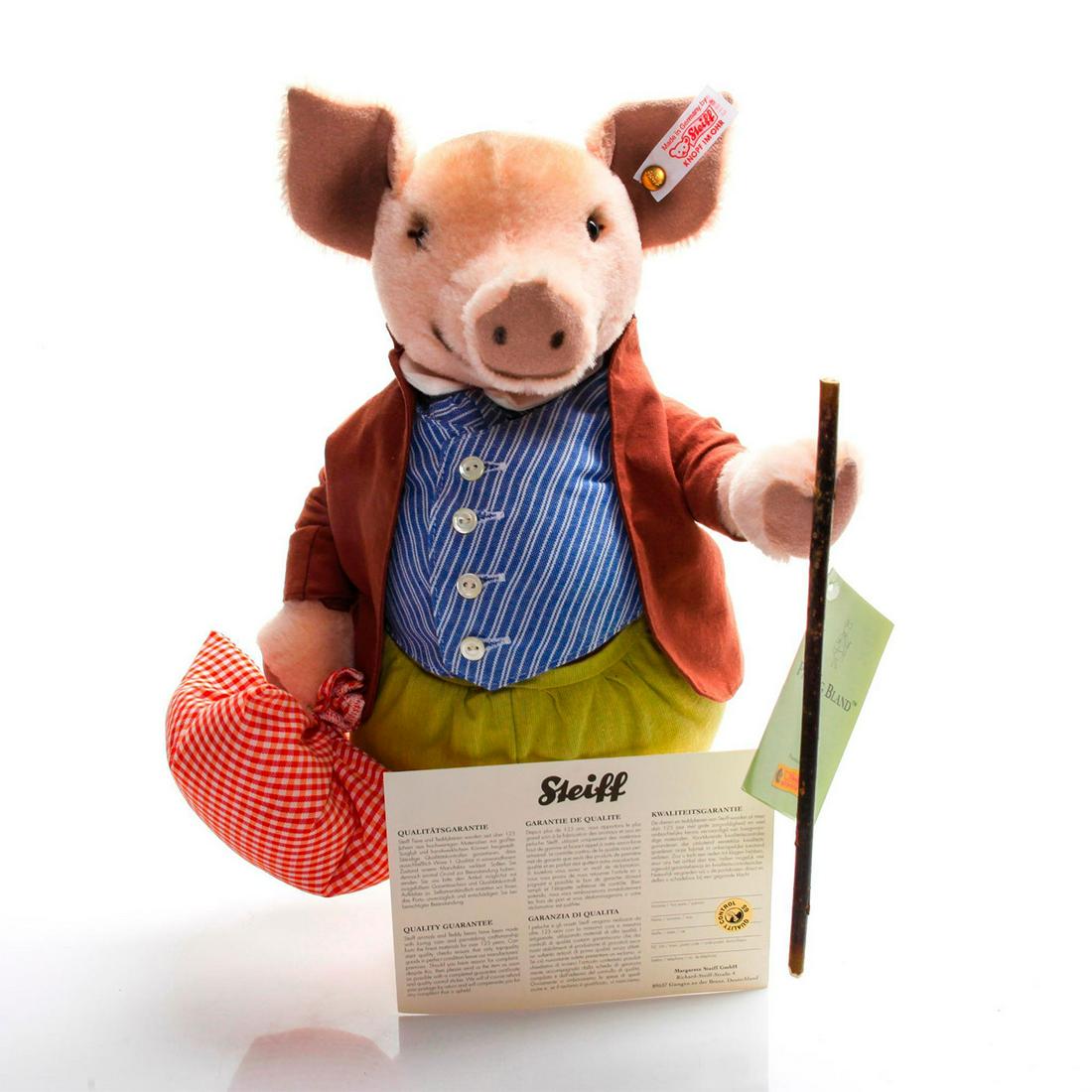 STEIFF STANDING PIGLING BLAND, NO.00201, EAN 653513: Wears vest, jacket, walking stick, satchel, felt ears and paws. Limited edition of just 1500 pieces in the UK and Ireland. Comes boxed with a certificate. The Tale of Pigling Bland is a book written a