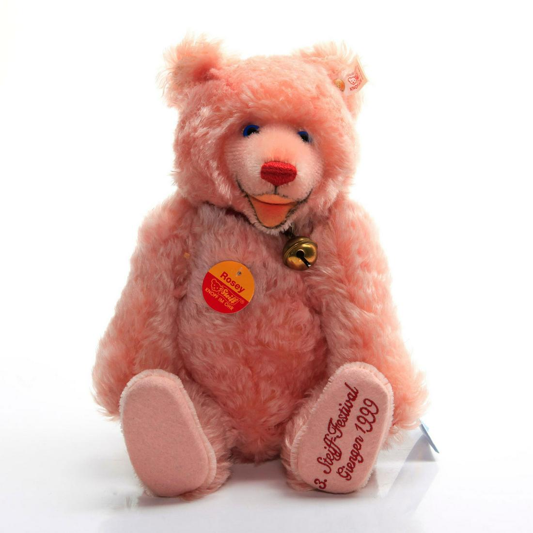 ROSE COLORED BEAR; ARTICULATED; LEATHER COLLAR, BELL (1 of 6)