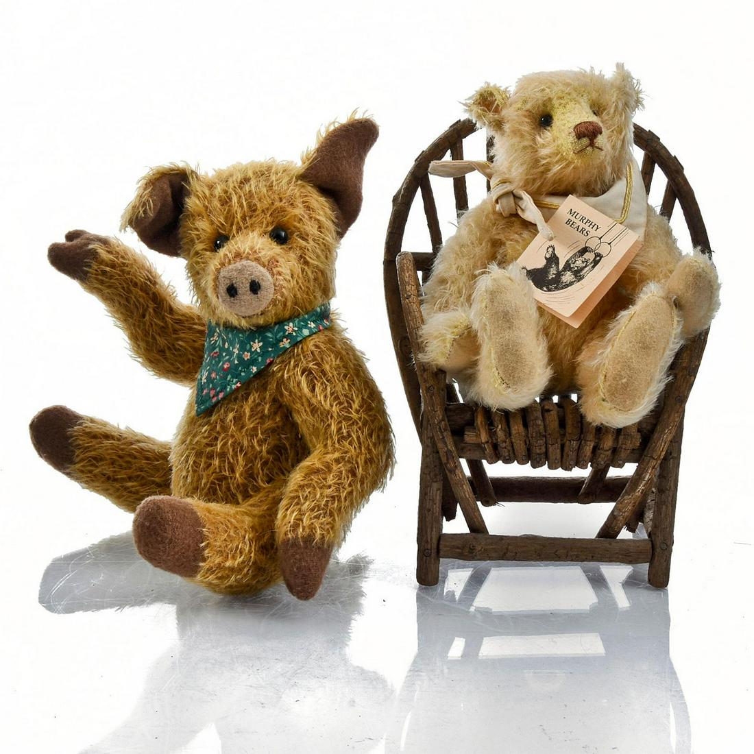 2 PAT MURPHY TEDDY BEARS; STUFFED PIG; WOOD CHAIR (1 of 3)