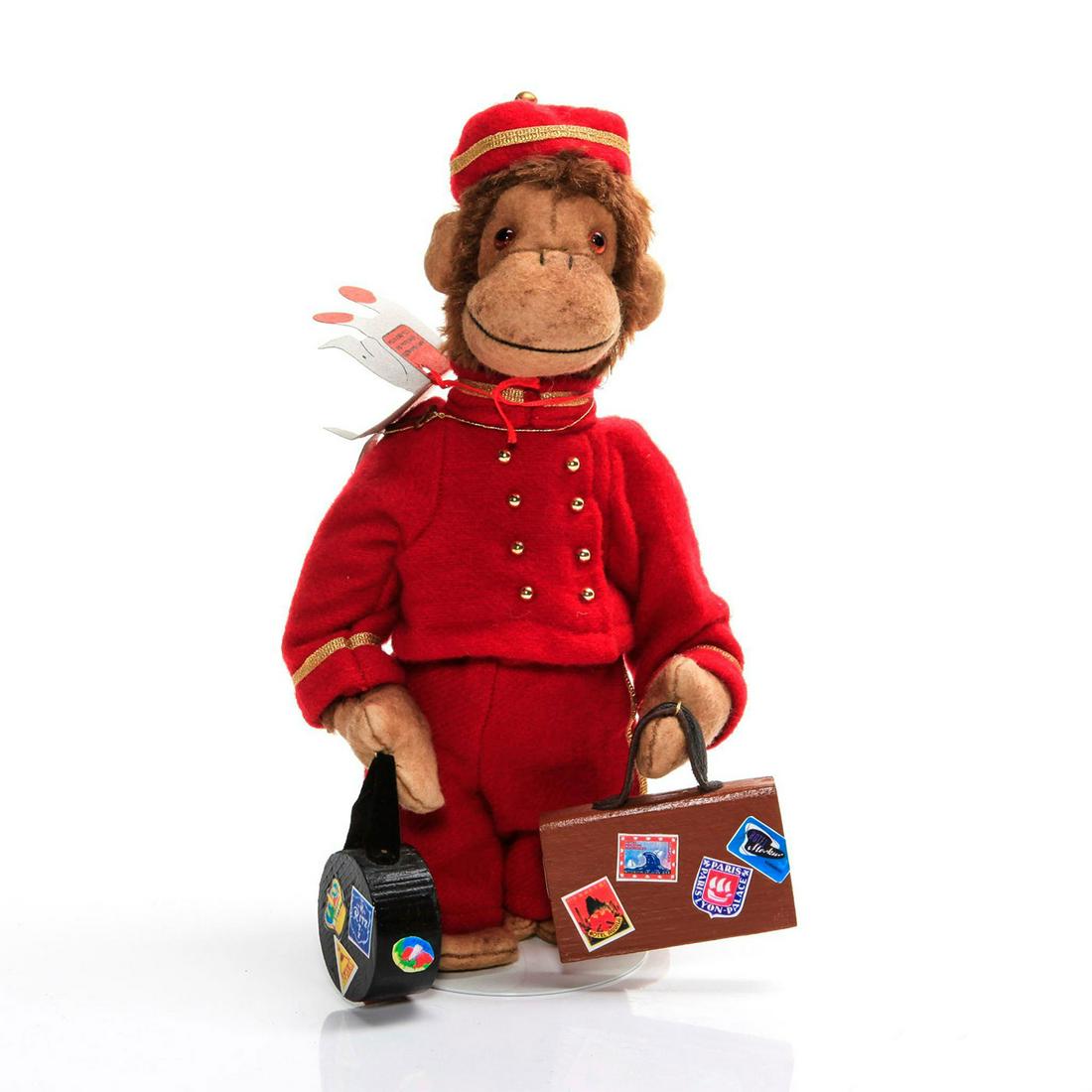 HANDMADE RED AND BROWN BELLHOP MONKEY ON PEDESTAL (1 of 6)
