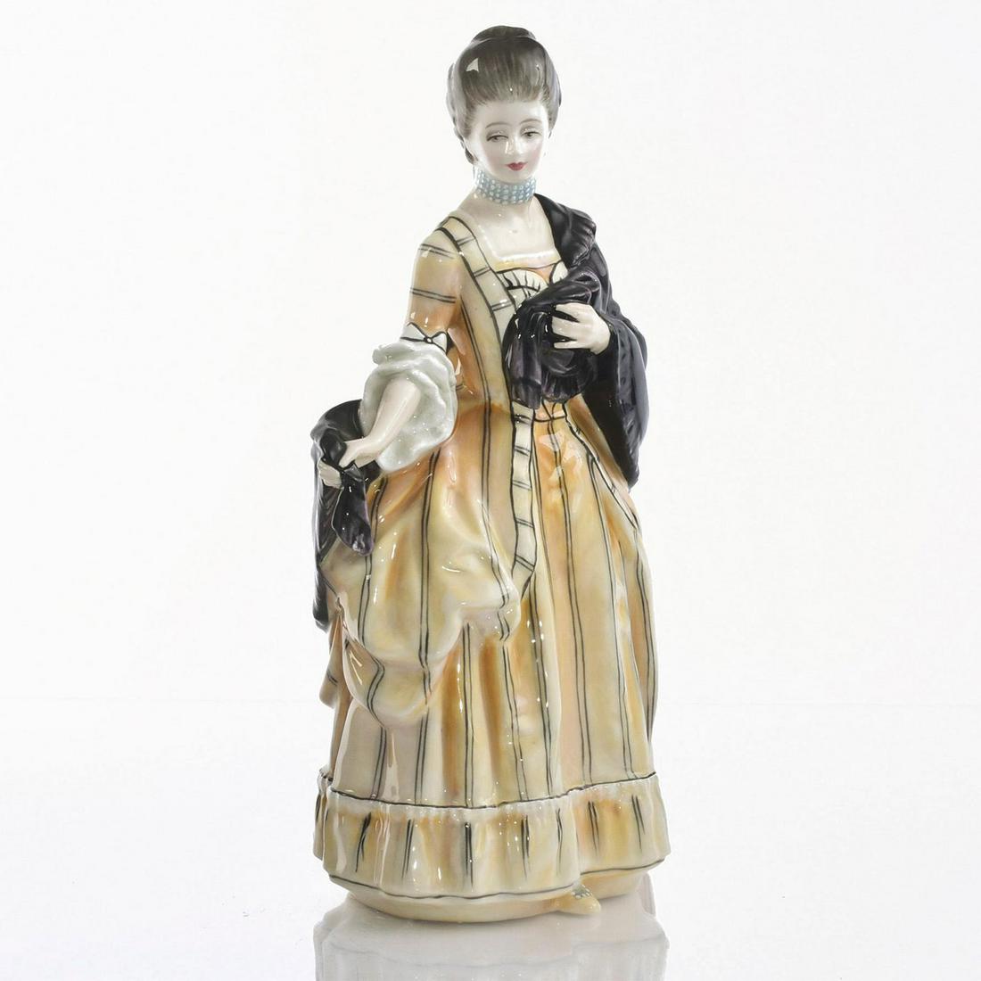 ROYAL DOULTON FIGURINE, ISABELLA COUNTESS OF SEFTON: Woman in yellow dress with black and purple shawl. Title of figure, edition information, and Royal Doulton backstamp on bottom. Artist: Peter Gee Issued: 1991 Dimensions: 9.75"H Edition Number: 1233 E