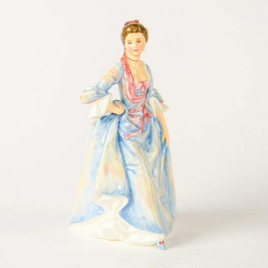 ROYAL DOULTON FIGURINE, MRS HUGH BONFOY HN3319: Woman in blue dress. Stamped to bottom. Royal Doulton backstamp, figurine title, and edition information on bottom. From the Reynolds Ladies Collection. Artist: Peter Gee Issued: 1992 Dimensions: 9"H 