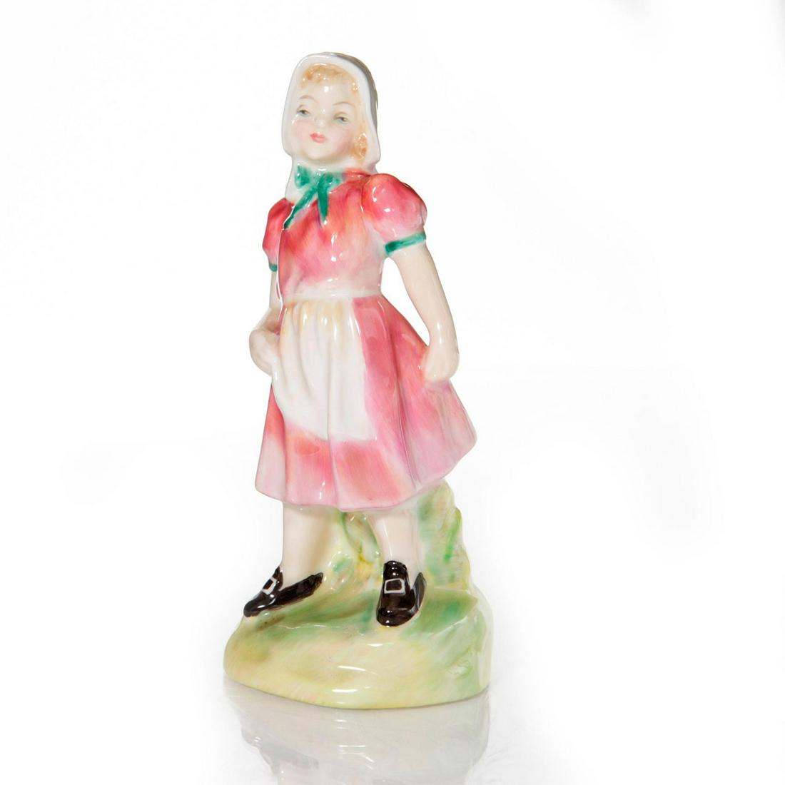 ROYAL DOULTON FIGURINE, JILL HN2061: Young girl in red dress and white bonnet. Title of figure and Royal Doulton backstamp on bottom. Artist: Leslie Harradine Issued: 1950-1971 Dimensions: 5.5"H Manufacturer: Royal Doulton Country of Ori