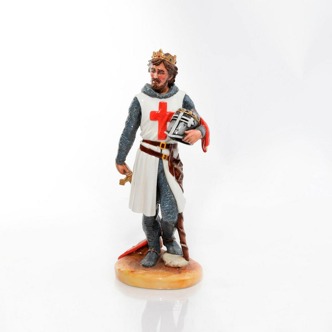 ROYAL DOULTON FIGURINE RICHARD THE LIONHEART HN3675: Modeled as England's popular crusader king. Signed by artist. Modeled as the 12th century king and crusader in chain armor and mantle of the Knights Templar, with crown and crowned helm. Stamped to ba