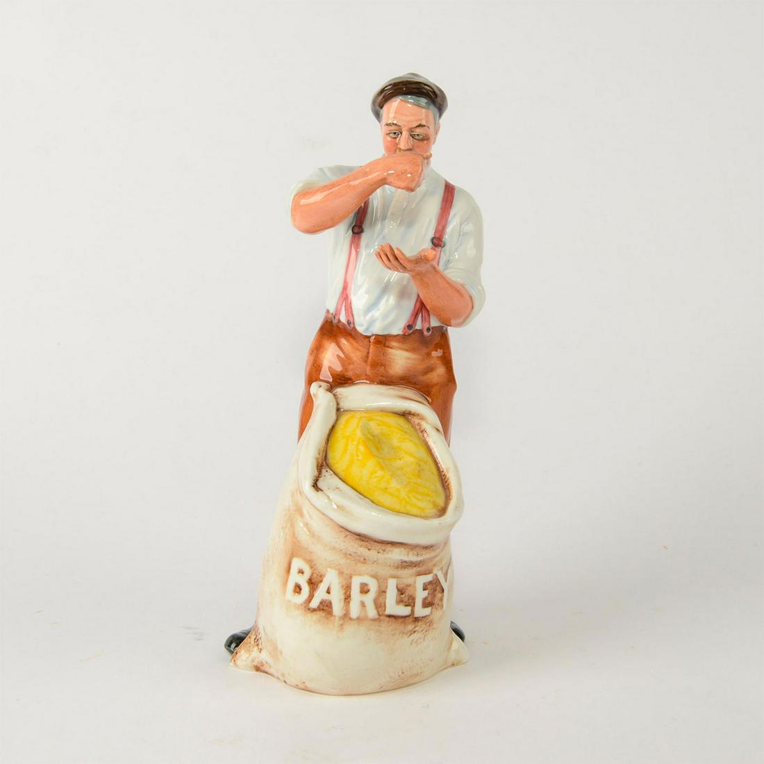 ROYAL DOULTON FIGURINE, FARMER HN3195: Man in suspenders with bag of barley. Stamped to bottom. Royal Doulton backstamp and figurine title on bottom. Artist: Amanda Hughes Issued: 1988-1991 Dimensions: 9"H Manufacturer: Royal Doulton Count